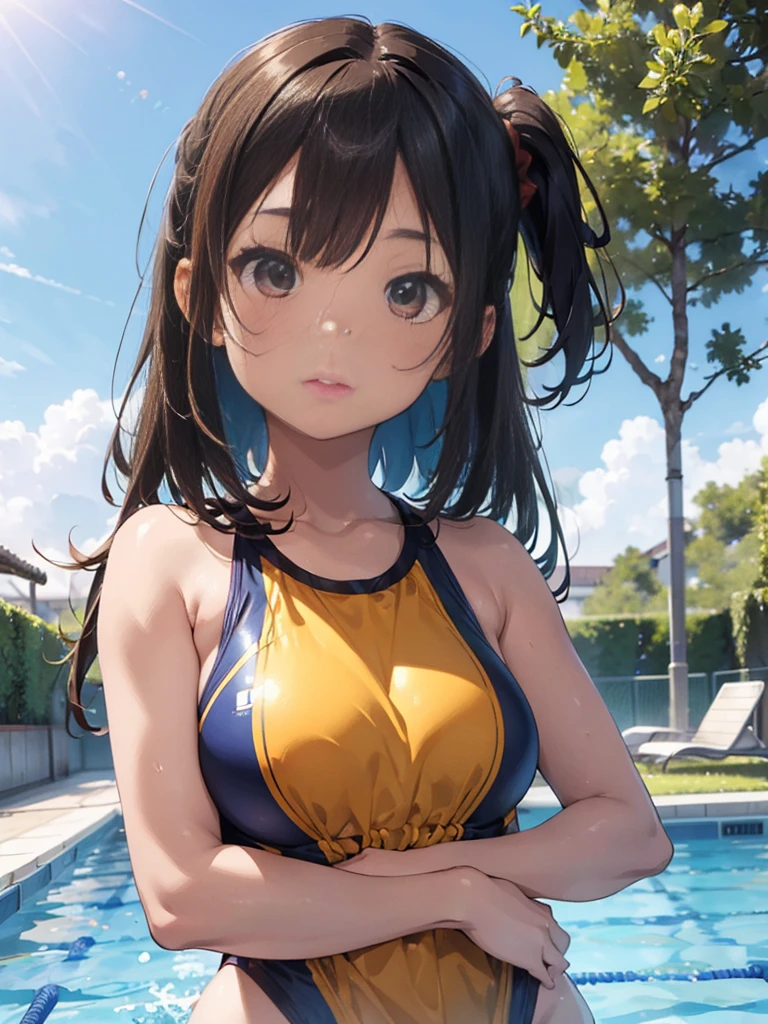 (master piece:1.4),ultra-quality, Hyper Detailed,Perfect drawing,3D Photography,16k
illustration,Hi-Res,1 persons,femele、(Brown skin:1.3)、(suntan lines)、Sporty hairstyle、Big eyes with double eyelids、((thick lips))、lofty nose、Athlete Swimwear,Swimming pool、in poolside、beatiful backgrounds、Accurate drawing、Detailed drawing、Perfect Photo、Perfect Beautiful Girl