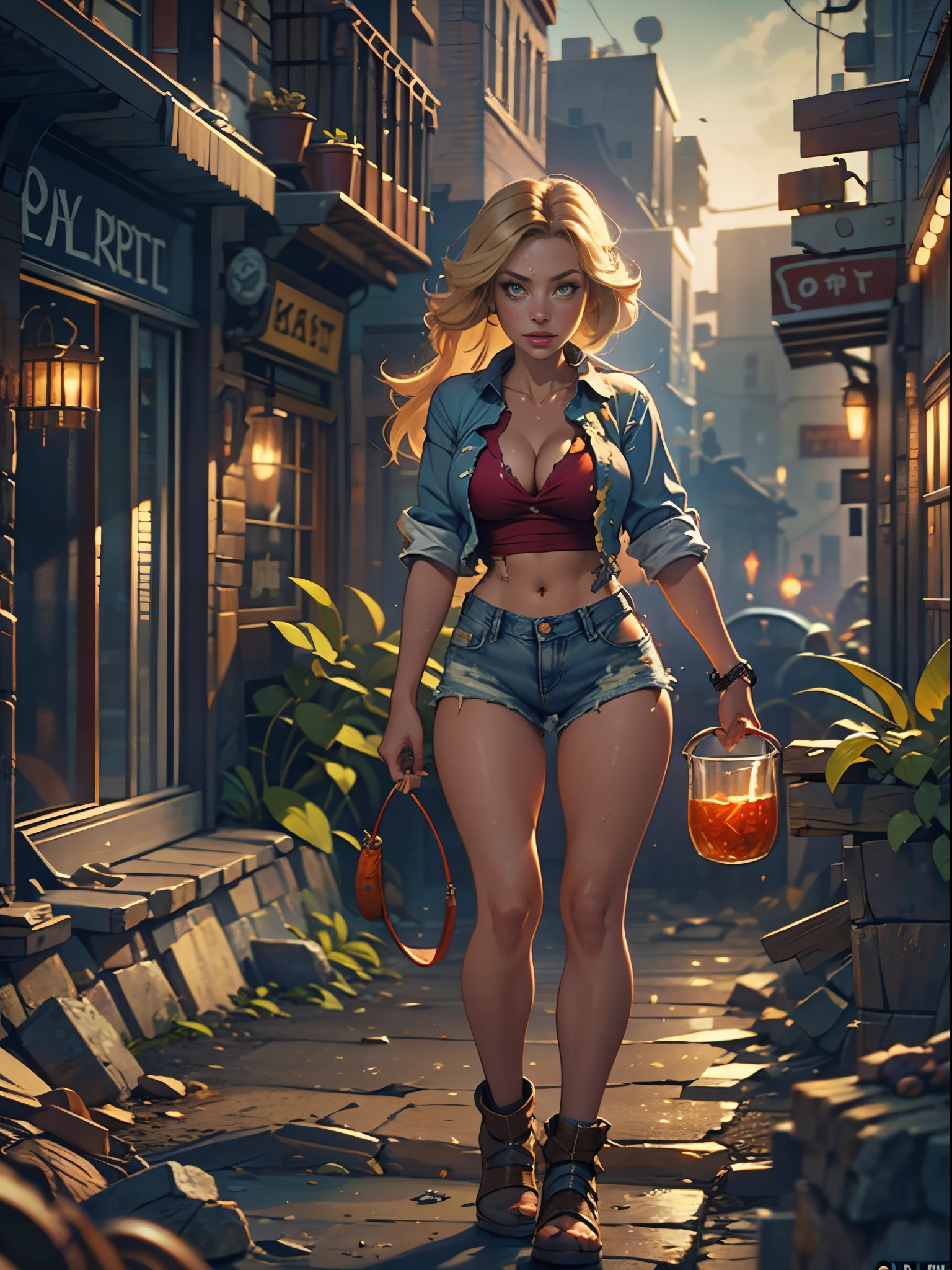 2076 year. The Urban Ruins of the Wasteland, Female huntress picking fruit in the garden, beautiful face, blonde, very torn shirt and denim shorts, shirt in tatters , long legs, sweating through, sun rising, Nice warm colors, head to toe full body shot