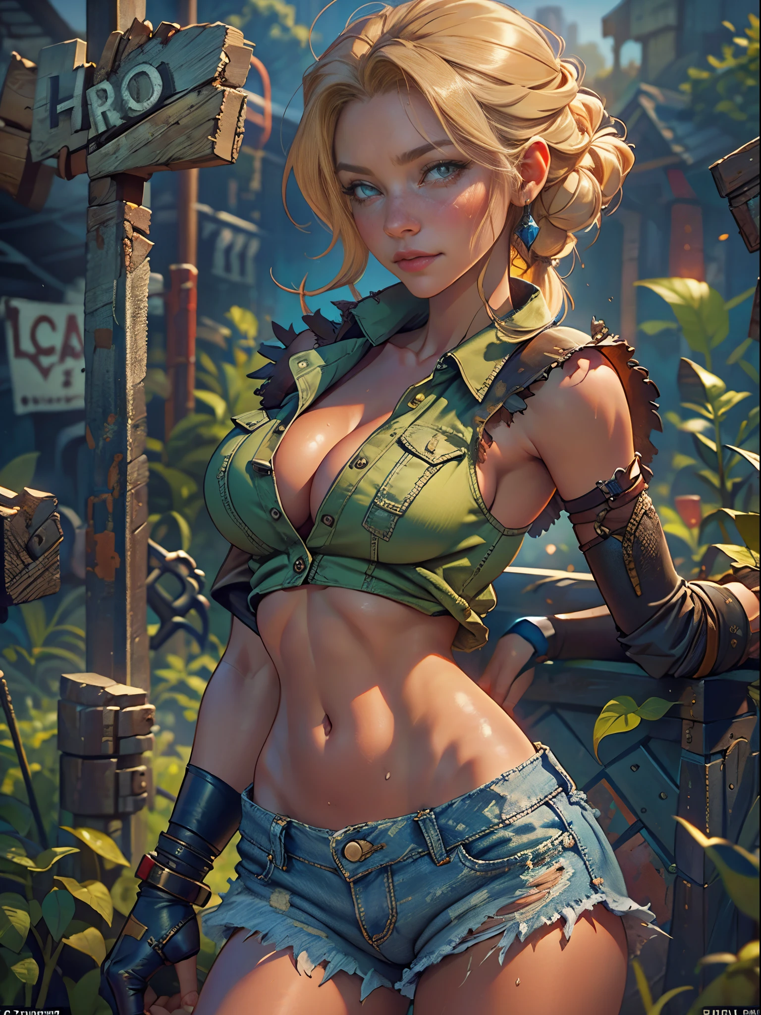 2076 year. The Urban Ruins of the Wasteland, Female huntress picking fruit in the garden, beautiful face, blonde, very torn shirt and denim shorts, shirt in tatters , long legs, sweating through, sun rising, Nice warm colors, head to toe full body shot