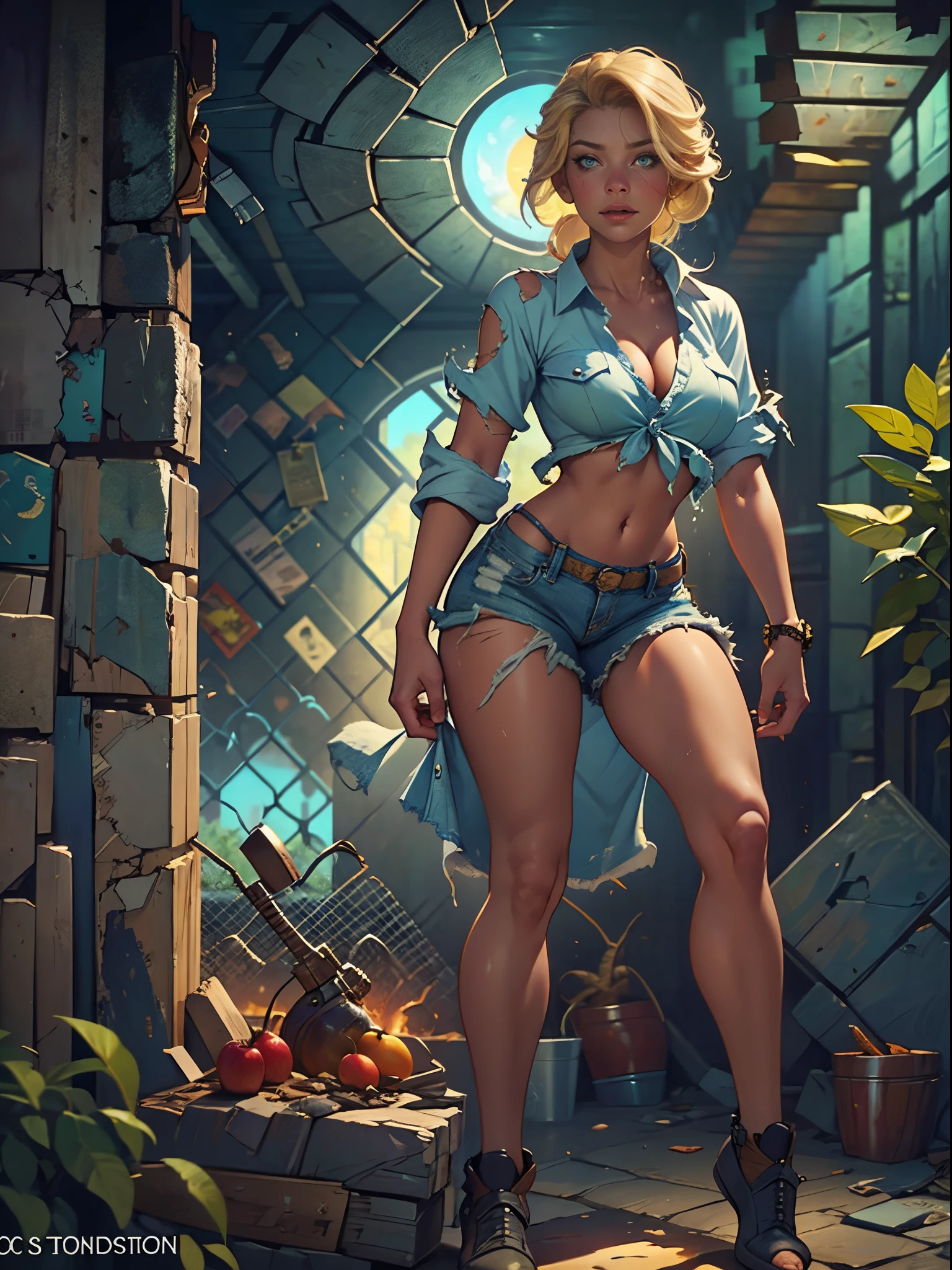 2076 year. The Urban Ruins of the Wasteland, Female huntress picking fruit in the garden, beautiful face, blonde, very torn shirt and denim shorts, shirt in tatters ,  long legs, sweating through, sun rising, Nice warm colors, head to toe full body shot