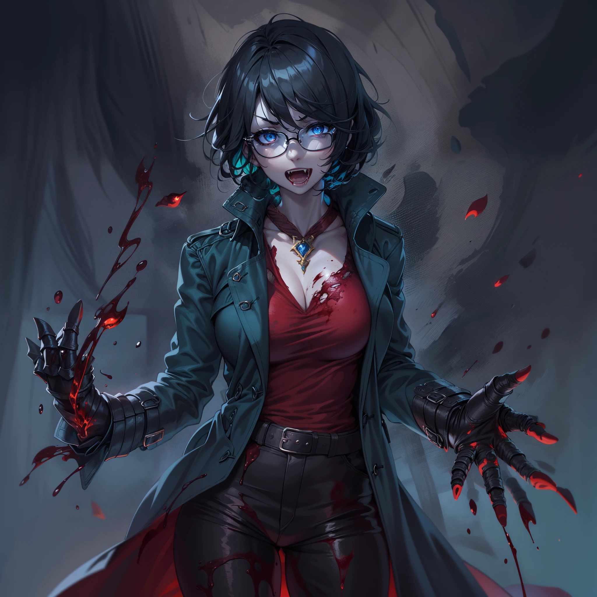 (High resolution, best quality, masterpiece) detail, intricate detail, 1female, ((solo _focused)), single, one woman, physically fit, curvy, pale skin, vampire, fierce expression, dark eyes, (detailed eyes), red_rimmed eyes, sharpened fangs, black hair, short hair, full body, human hands, ((detailed hands)), ((pointed fingers)), medium breast, beautiful, cute, dark aura surrounding her, (topwear:(((shirt:black, trench_coat:black)), handwear:((gauntlets), bottomwear:(pants:blue))))), blood dripping, glasses on the top of her head, dark tinted glasses, grinning, cocky expression, menacing, blood spatter