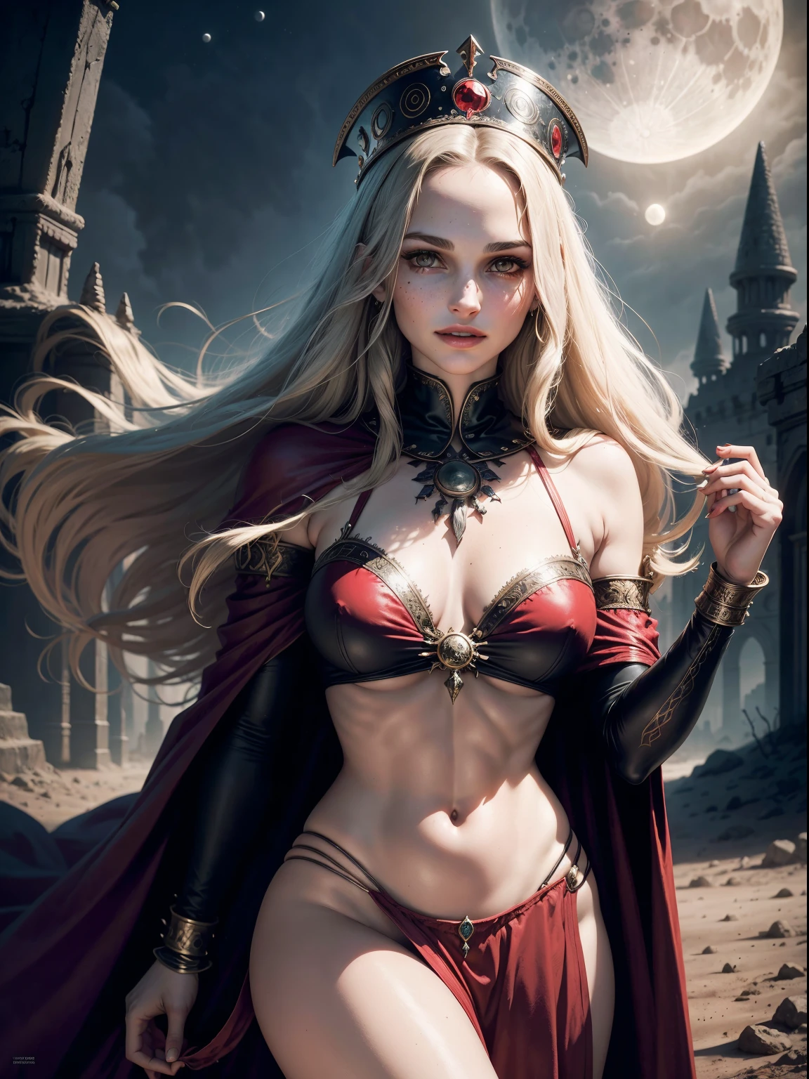 1970's dark fantasy heavy metal disc cover. natalie portman as a red priestess girl. gentle smile. (Moon night desolation). freckles. slender and beautiful. intricate detail