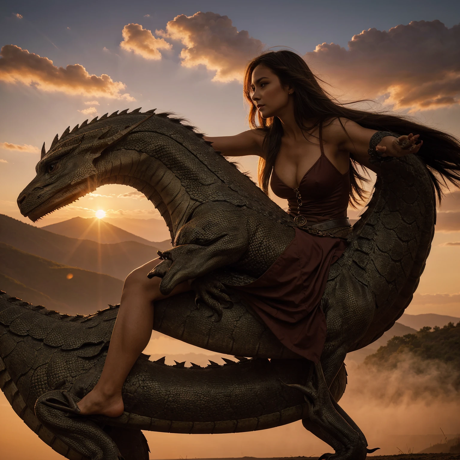 Beautiful woman riding dragon, dramatic, sunrise