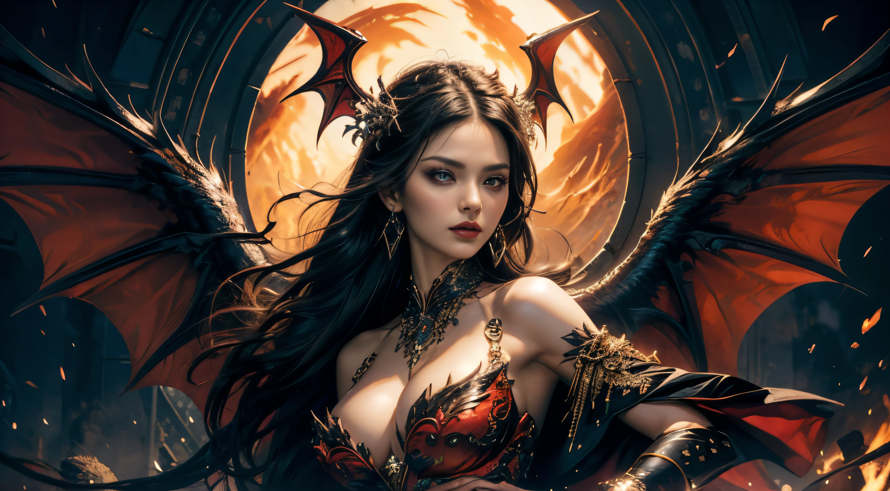 hyper HD,Raised sexy,arrogant,A mature woman,Dragon's Horn,Large breasts,Black feathered wings,(Medium portrait:1.8),With volcano as background,Hellfire,mystic symbols,magia,theatrical