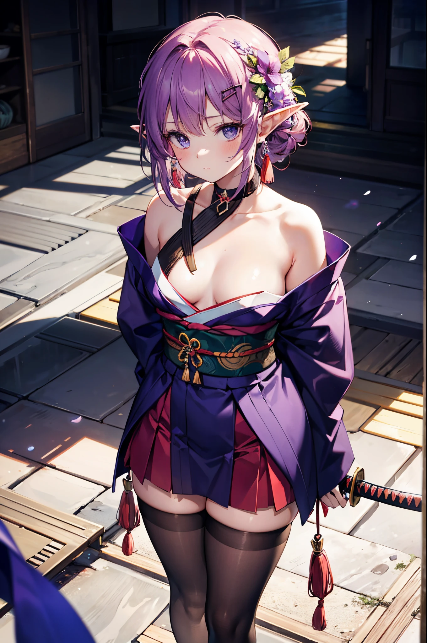 Realistic image, Detailed image, 1 elf. She has long braided purple hair that goes behind her back and a hairpin on the right side of her. She wears a small crimson ribbon around her neck as a choker. Her kimono has a variety of patterns in different shades of purple and crimson. She wears dark purple stockings above knee level, with small diamond slits at the top. On the back of her outfit she wears a crimson bow with tassels. She also wears sandals; the one to her right is adorned with two pale violet flowers. Big breasts, thin waist, wide hips and thick thighs. She is pouting. Cold look. With a katana. Arched back. View from above. view of Breasts. Flat Bottom. Bottomless. Volumetric light. Ambient light.