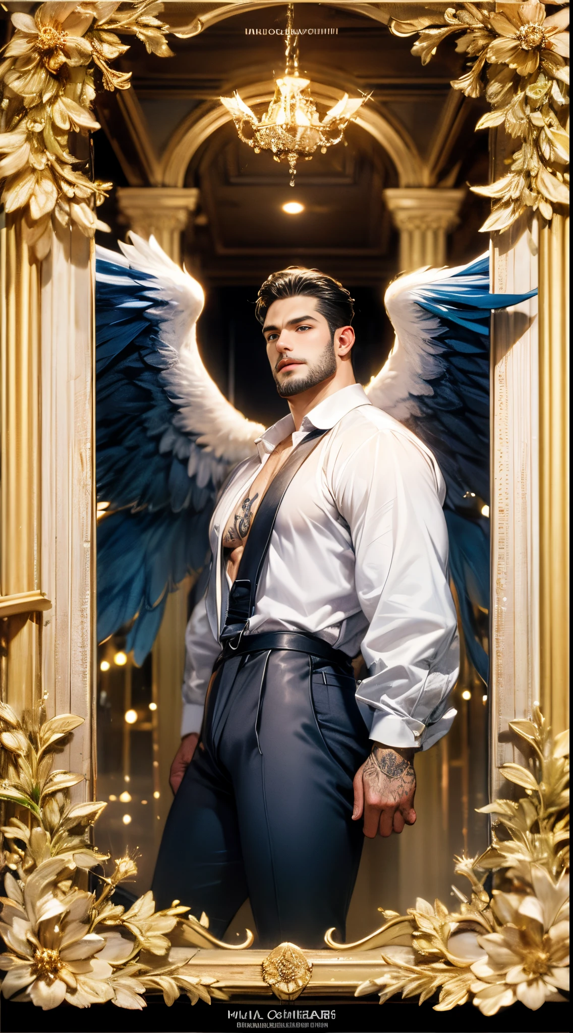 (1980s anime cosmic fallen angel:1.5), (masterpiece, high resolution, detailed:1.3), a mesmerizing depiction of a (strikingly handsome young man:1.5), (face: Matthew Daddario), donning (cosmic print shirt and black brief, bulge:1.5), (open shirt showcasing chest and abs: 1.5), gorgeous, beautiful, wet, muscular, perfect eyes, sexy gaze, looking at the viewers romantically, perfect bare body, smooth skin, wide chest, largest breast, extremely large pectorals, big nipples, breathtaking grandeur, best quality, Biomechanical, eerie, Creepy, nightmarish, very bright colors, light particles, with light glowing, Mshiff, wallpaper art, UHD wallpaper, his (toned physique:1.5) is bathed in the soft glow of distant stars, and a hot glow in his skin, creating an otherworldly aura, as he sexually gazes out into the depths of space, the intricate details of his attire and the (subtle gleam:1.2) on his skin are meticulously captured, lending an air of realism to the scene.