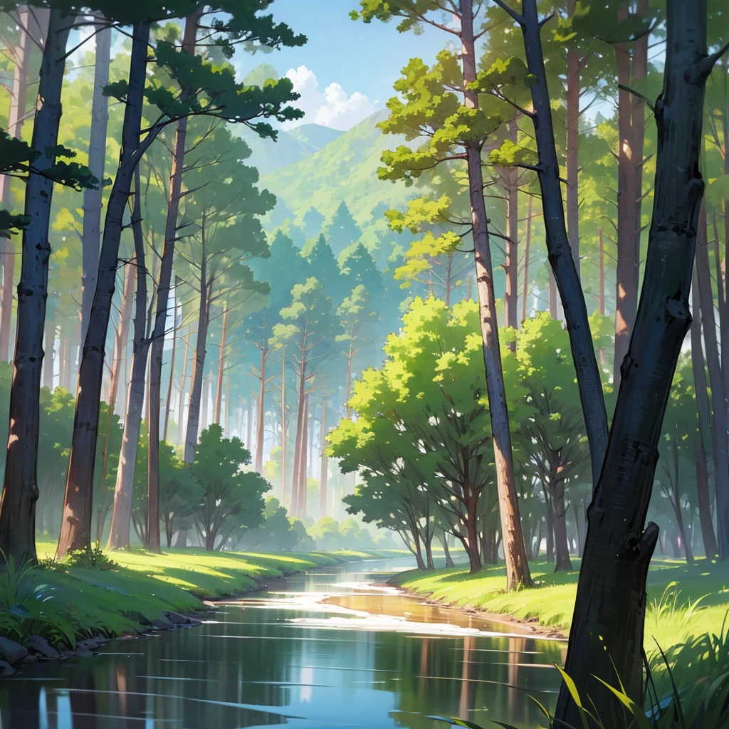 (Best Quality, masutepiece:1.2),forest,River,skyporn,Sun,morning