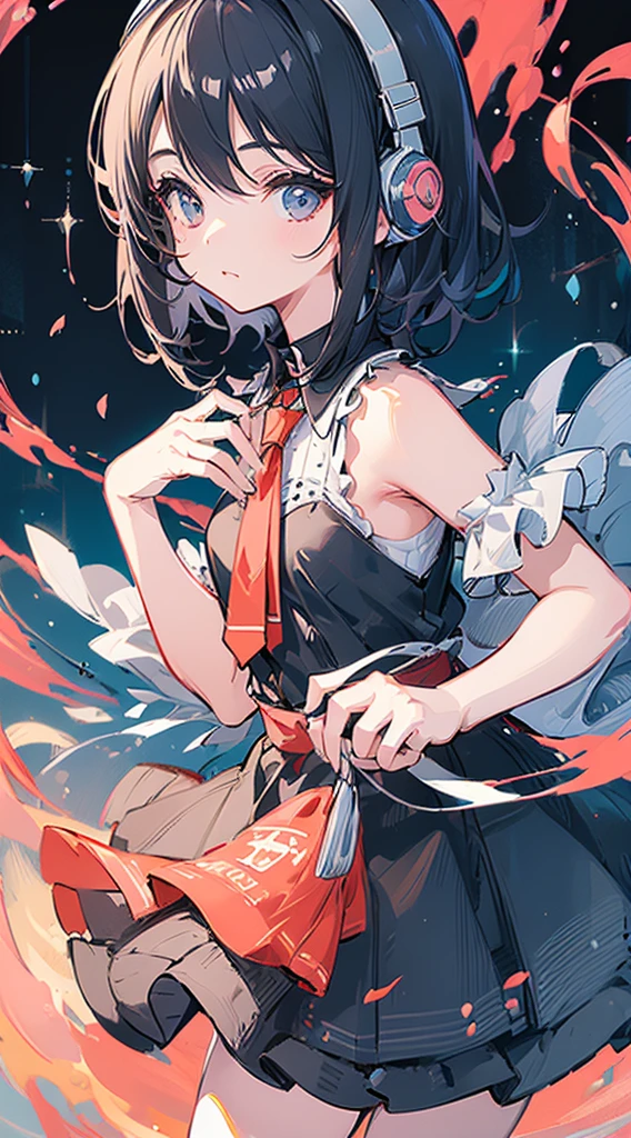 (Top quality illustrations:1.5)、(ultra-detailliert) 、( girl s:1.0)、(女の子1人:1.0)、(Short black hair:1.0)、(School Uniforms:1.0)、(Waist to upper body:1.0)、17 age、Wearadphones、D-cups、The background is the cityscape、