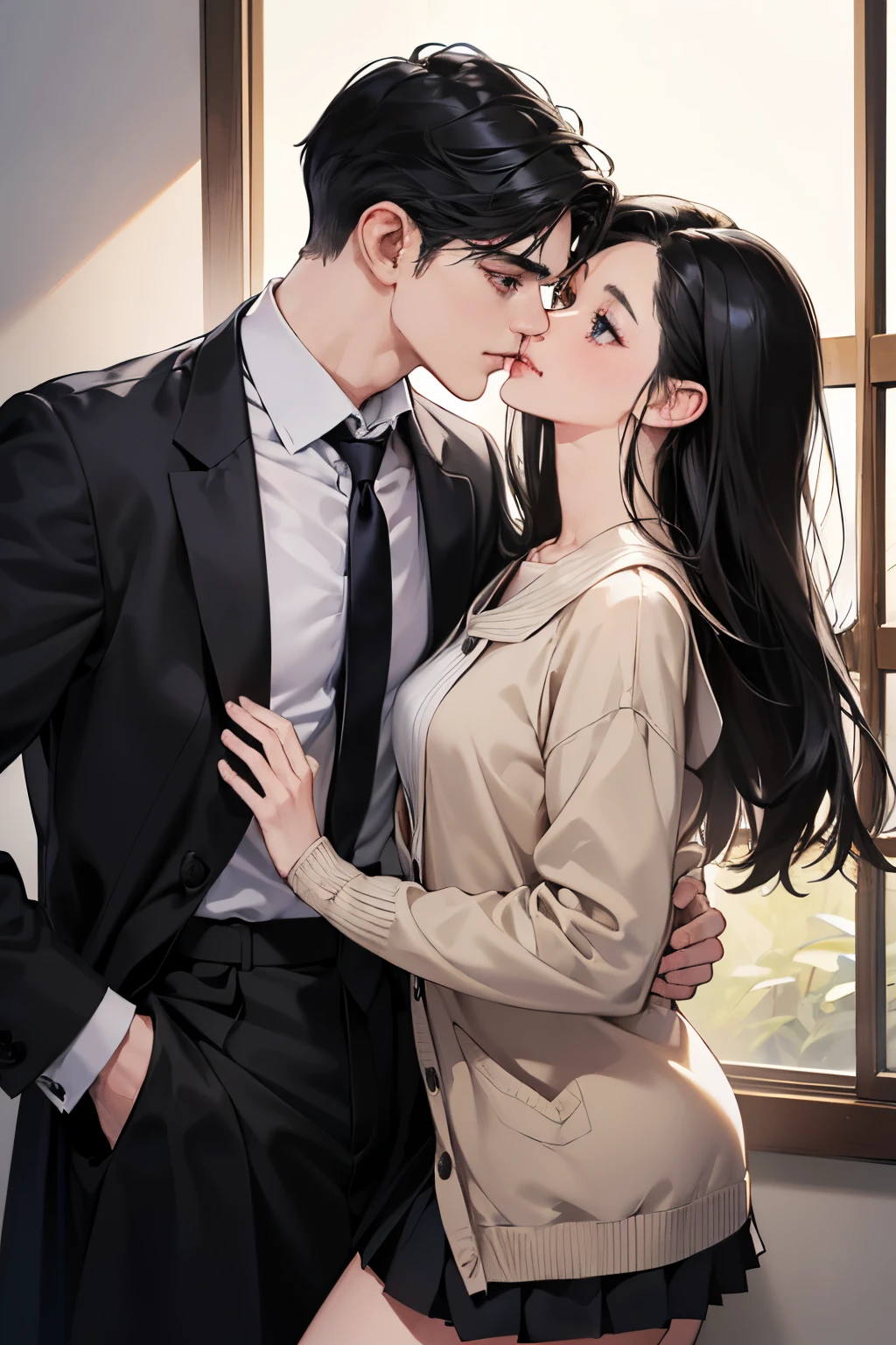 (masutepiece, Digital Art, Digital Illustration, 4K, 8K, Ultra-detailed, beautiful image, Sharp Image, Photorealistic, Raw photo, Perfect face, Perfect lines, Perfect eyes, Soft lighting) 1 woman, (Long Black Hair,straight haired,Bullish gaze,Beautie,Solid makeup,femele,small tits:1.3),Two handsome men in suits, (ember,Men in suits,well-muscled,Firm shoulder width,Adult male,Boyish hairstyle,English gentlemanly style,Man in his 30s with a cool expression,28-year-old man with bright smile:1.2),Donut Shop、donut、Eat-in、There are many donuts lined up、a sailor suit、Knee-length pleated skirt、baggy cardigan、kiss、a couple、couple kissing、Romance、ssex、have sex、