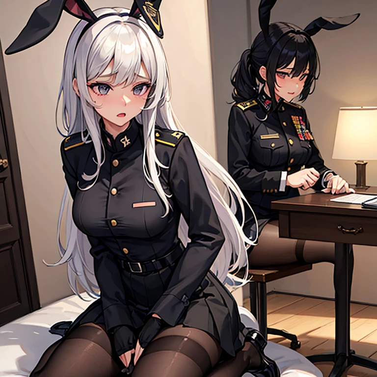 A woman with rabbit ears wearing a black military uniform skirt、masturbated、masturbation,Fornication、pussy juice,Open your crotch、沒穿內褲、Long Black Hair、Black Knee High Socks、garterbelts、Black lace panties、huge tit、Putting out the chest、Teasing the nipples