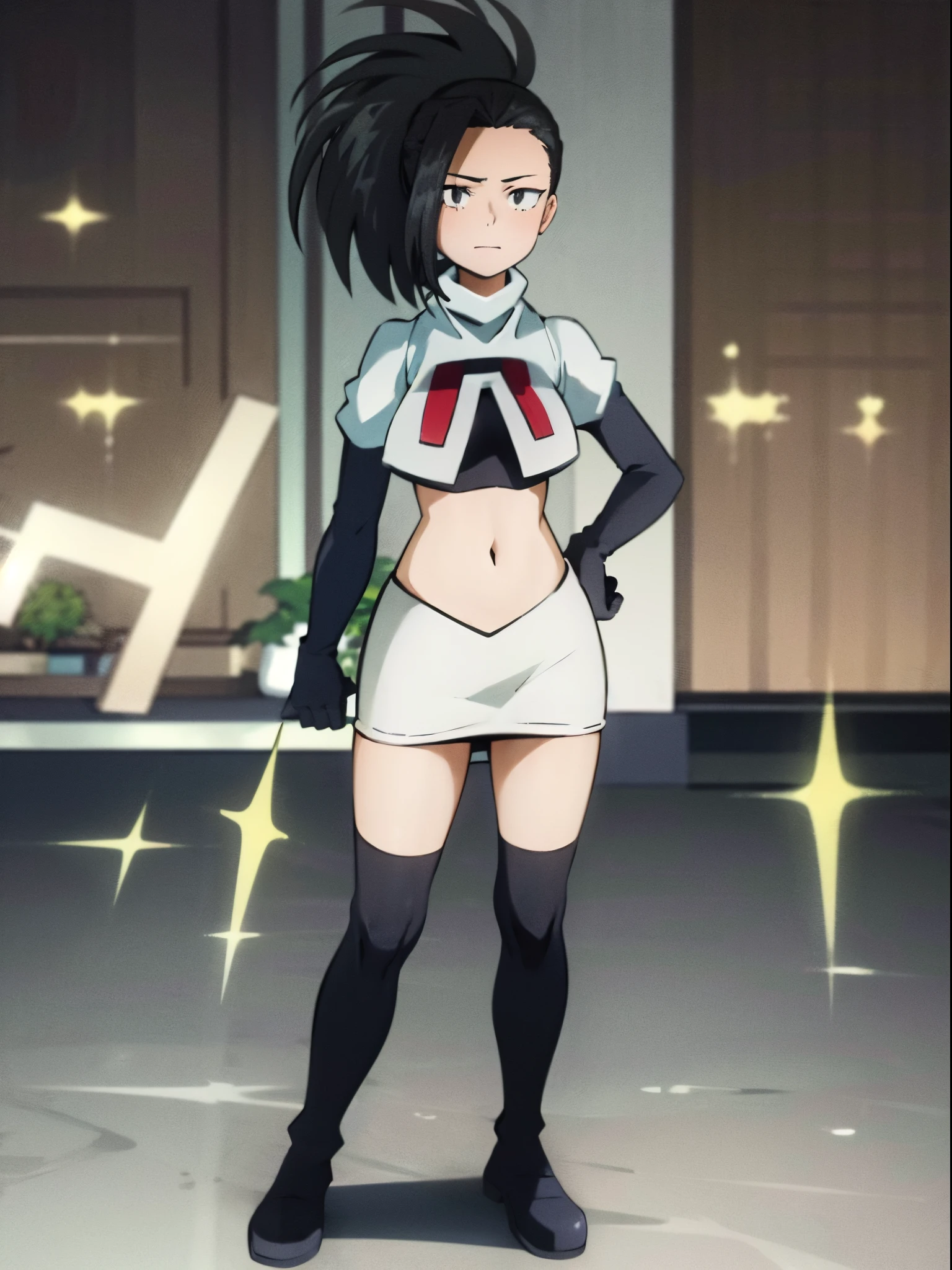 masterpiece, best quality, yaoyorozu momo, 1girl, black eyes, black hair,  ponytail, long hair, hair pulled back,team rocket,team rocket uniform, red letter R, white skirt,white crop top,black thigh-highs,black elbow gloves