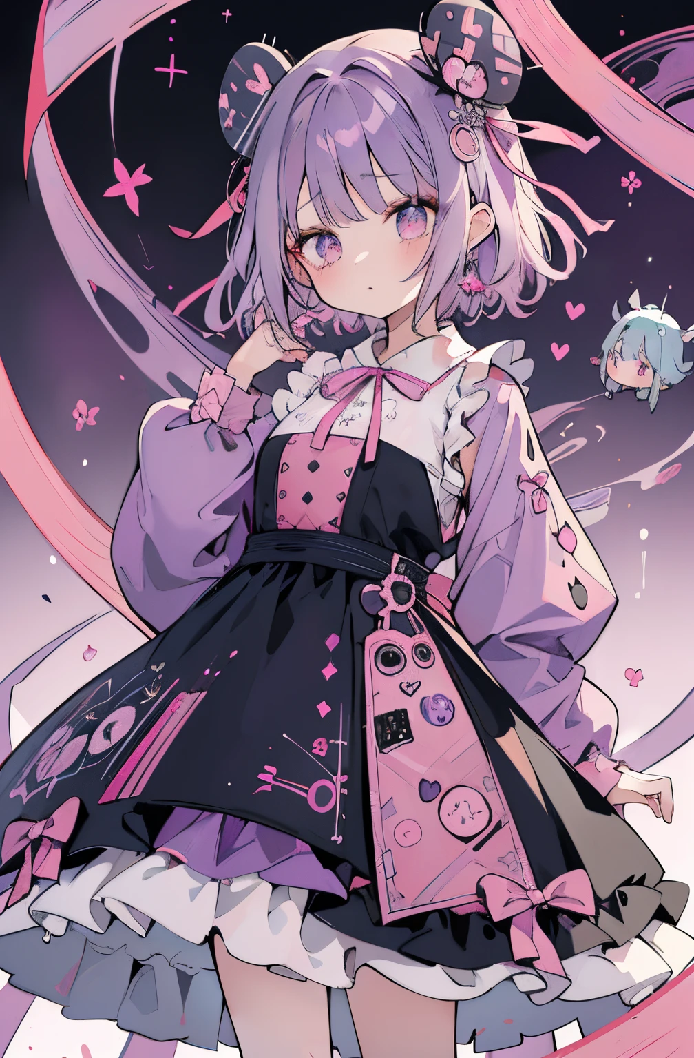 absurderes, hight resolution, (Anime style:1.1), ((masutepiece)), ((Best Quality)), (Ultra-detailed), (Beautiful),Beautiful face、(liftup),Long、azhiichigo style,Big eyes, dense lines, mixing pattern,Cute,1. goth, Pattern Expansion、Light purple hair、Cute Ribbon、purple one piece clothes、a purple eye、Background Simple、background grey、(((((1girl in、purple mine suit、Cute dress、dress with a big pink ribbon、dress with pink ribbon)))))(The upper part of the body、(((((One girl )))))、((((Lori、youngest son))))、Gosic、{{{{{gotik、The upper part of the body}}}}}{{{{{{{{{{The upper part of the body}}}}}}}}}}{{{magia}}}, ({{{{{Background Simple、fluffy hair}}}}})medium format film camera, Naturally blurred background,