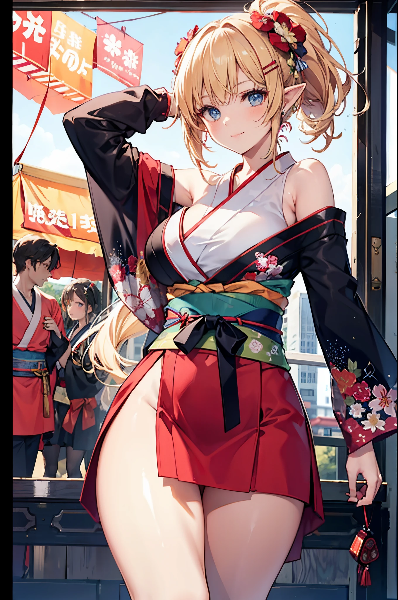 Realistic image, Detailed image, 1 elf. She has short, strawberry blonde hair, cut short, pulled back in a high ponytail and leaves a lock loose on the left side of her face. She wears many festival and fireworks themed hair accessories, her eyes are a golden color and she wears bright orange eyeliner. short red kimono but with only one sleeve worn. Her right sleeve is rolled up past her elbow and tied with a string. The left half of the kimono is wrapped around her waist, and her black floral-patterned sleeve falls behind her around her knees. It is held up by an obi belt and exposes the upper left section of her body. Her chest is wrapped in a sarashi, as is her left forearm and upper thighs, extending down her right leg. Her black obi is tied in a nice knot, but is also decorated with a red string that becomes a large bow behind her. Big breasts, slim waist, wide hips and thick thighs. She is smiling. She's posing with one leg raised while winking. She has her hands raised and her back arched. Bottom view. Panties view. Plain background. Volumetric light. Ambient light.