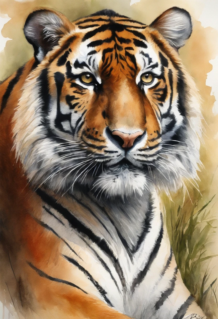 Drawing, a tiger, nature, pastels, by Harry Bush, James Montgomery Flagg, Louis van Baarle, Jim French and Ross, detailed realistic eyes, very beautiful