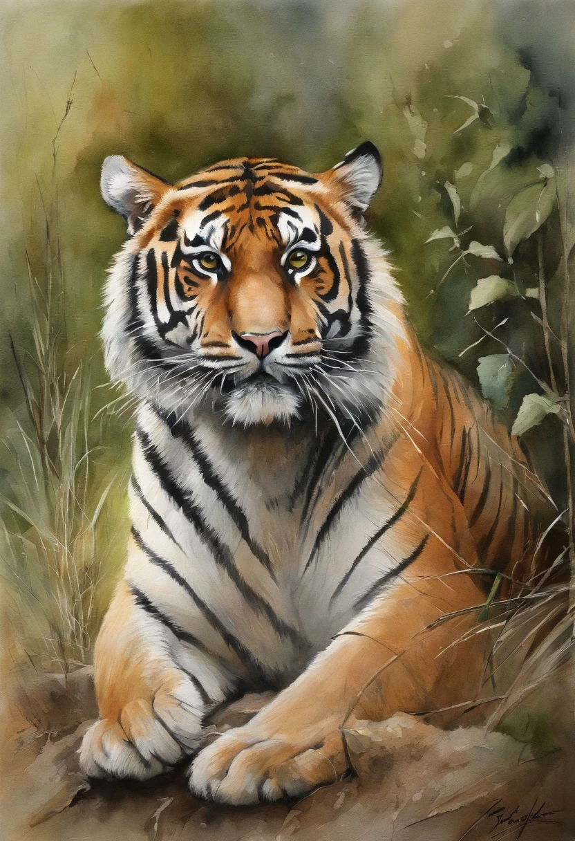 Drawing, a tiger, nature, pastels, by Harry Bush, James Montgomery Flagg, Louis van Baarle, Jim French and Ross, detailed realistic eyes, very beautiful