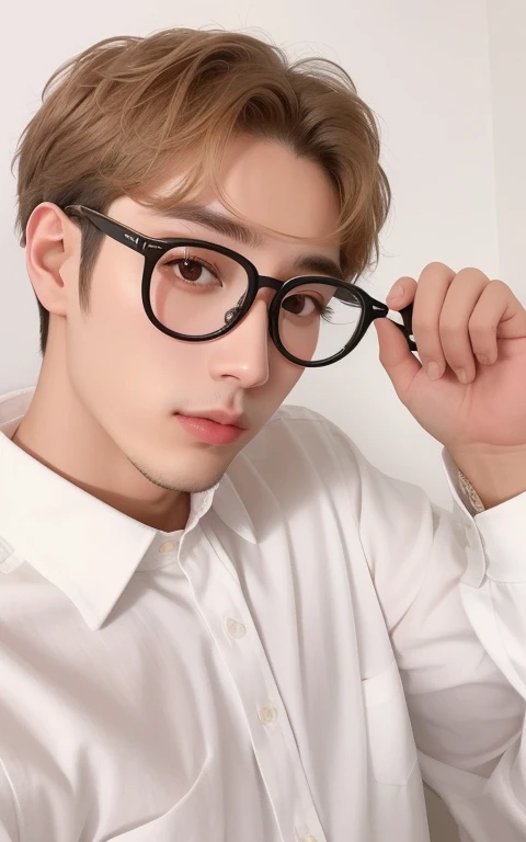 hay un hombre con gafas en la cabeza y una camisa blanca, Cai Xukun, con gafas negras, Jung Jaehyun, con gafas cuadradas, usar gafas cuadradas, con gafas, usar gafas redondas grandes y delgadas, ( ( anteojos ) ), Yanjun Chengt, en gafas de montura cuadrada, wearing small round glasses, con gafas de montura negra