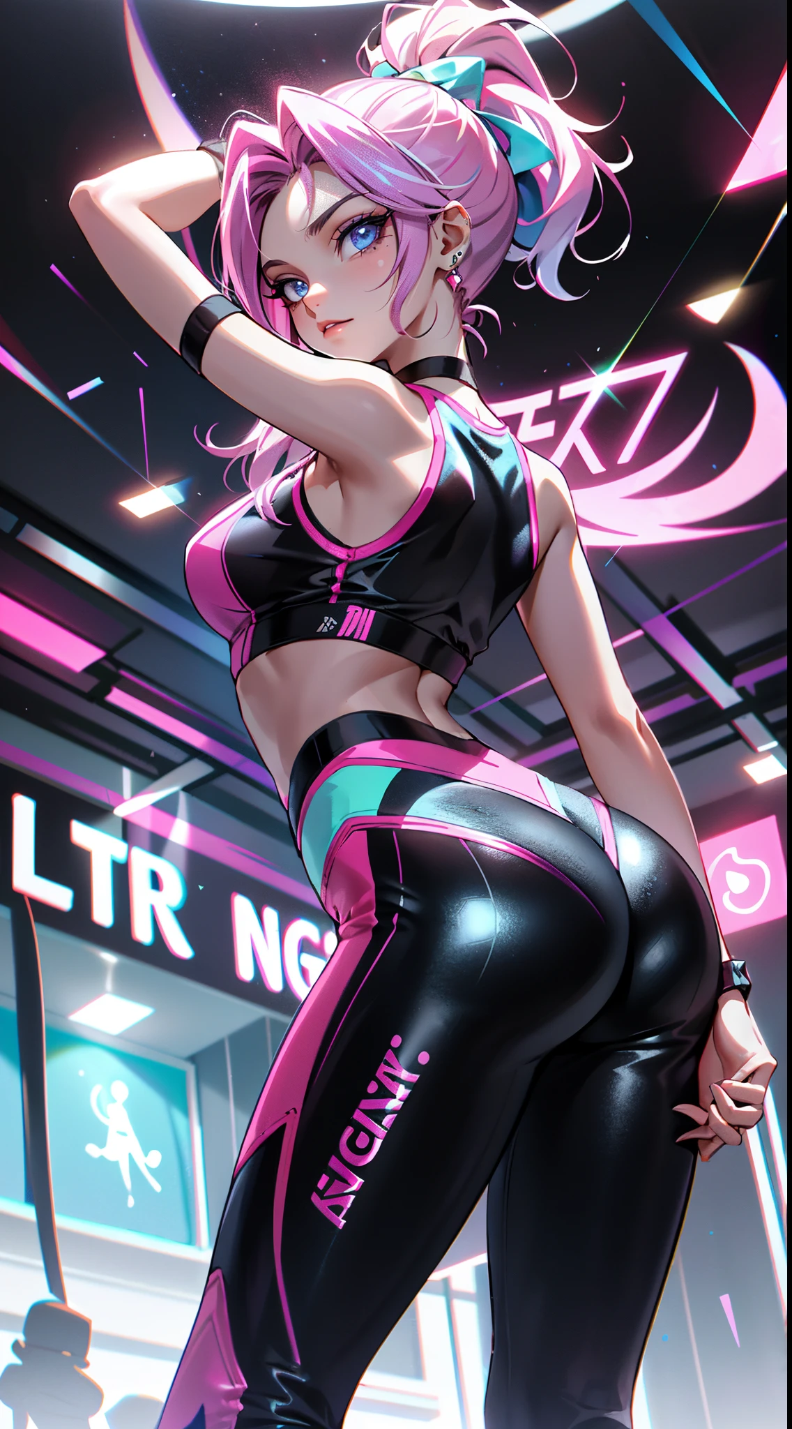 rear view, backside view,((Obra maestra)), La mejor calidad, absurdos, Ultra detallado, holographic, Disparo de vaquero, golden ratio, Super cute girl,(ojos hermosos，pupilas detailed:1.4)，  Chica madura, idol girl, Super beautiful Asian girl with very beautiful violet bright eyes, beautiful multicolored shiny brown hair, Cola de caballo alta, Cuerpo agradable y sexy, cuerpo delgado, cuerpo perfecto, Un anime impreso super apretado fuera de los hombros manga larga crop top, A super aesthetic transparent mini jacket, hermoso adorno para el cabello, Tenis Pink Jordan, Ser fotografiado en una tienda de un centro comercial,( Desnudarse, Showing off neon pink panties, mostrando tanga: 1.5),( manos hermosas detailed),(fondo ciudad Tokio cyberpunkAI:1.4)