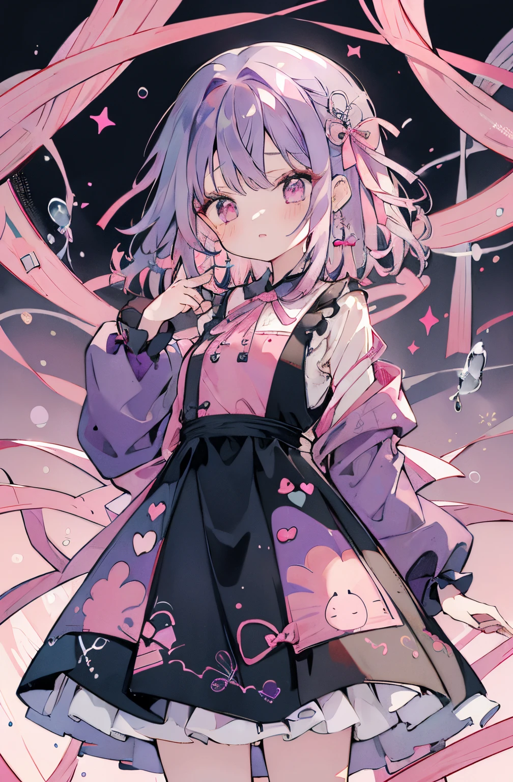 absurderes, hight resolution, (Anime style:1.1), ((masutepiece)), ((Best Quality)), (Ultra-detailed), (Beautiful),Beautiful face、(liftup),Long、azhiichigo style，Big eyes, dense lines, mixing pattern，Cute,1. goth, Pattern Expansion、Light purple hair、Cute Ribbon、purple one piece clothes、a purple eye、Background Simple、background grey、(((((1girl in、purple mine suit、Cute dress、dress with a big pink ribbon、dress with pink ribbon)))))(The upper part of the body、(((((One girl )))))、((((Lori、youngest son))))、Gosic、{{{{{gotik、The upper part of the body}}}}}{{{{{{{{{{The upper part of the body}}}}}}}}}}{{{magia}}}, ({{{{{Background Simple、fluffy hair}}}}})medium format film camera, Naturally blurred background,