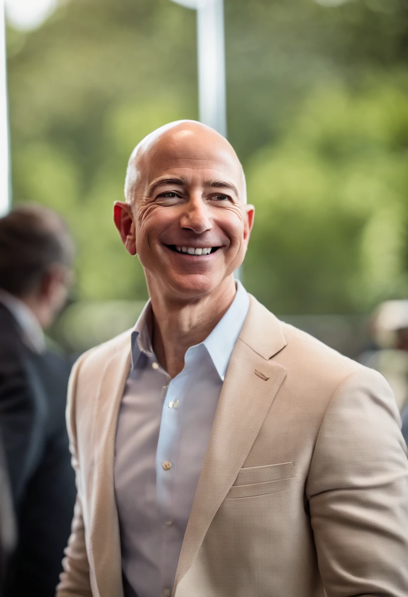 A photo of Bezos attending a high-profile business conference,original,Jeff Bezos, the founder of Amazon, is known for his bald head and often a warm, yet measured smile, presenting a recognizable and influential figure in the tech world. He usually appears in public wearing professional yet relatively understated attire, reflecting his practical approach to business and life. He’s gotten absolutely jacked after taking lots of testosterone and HGH., male
