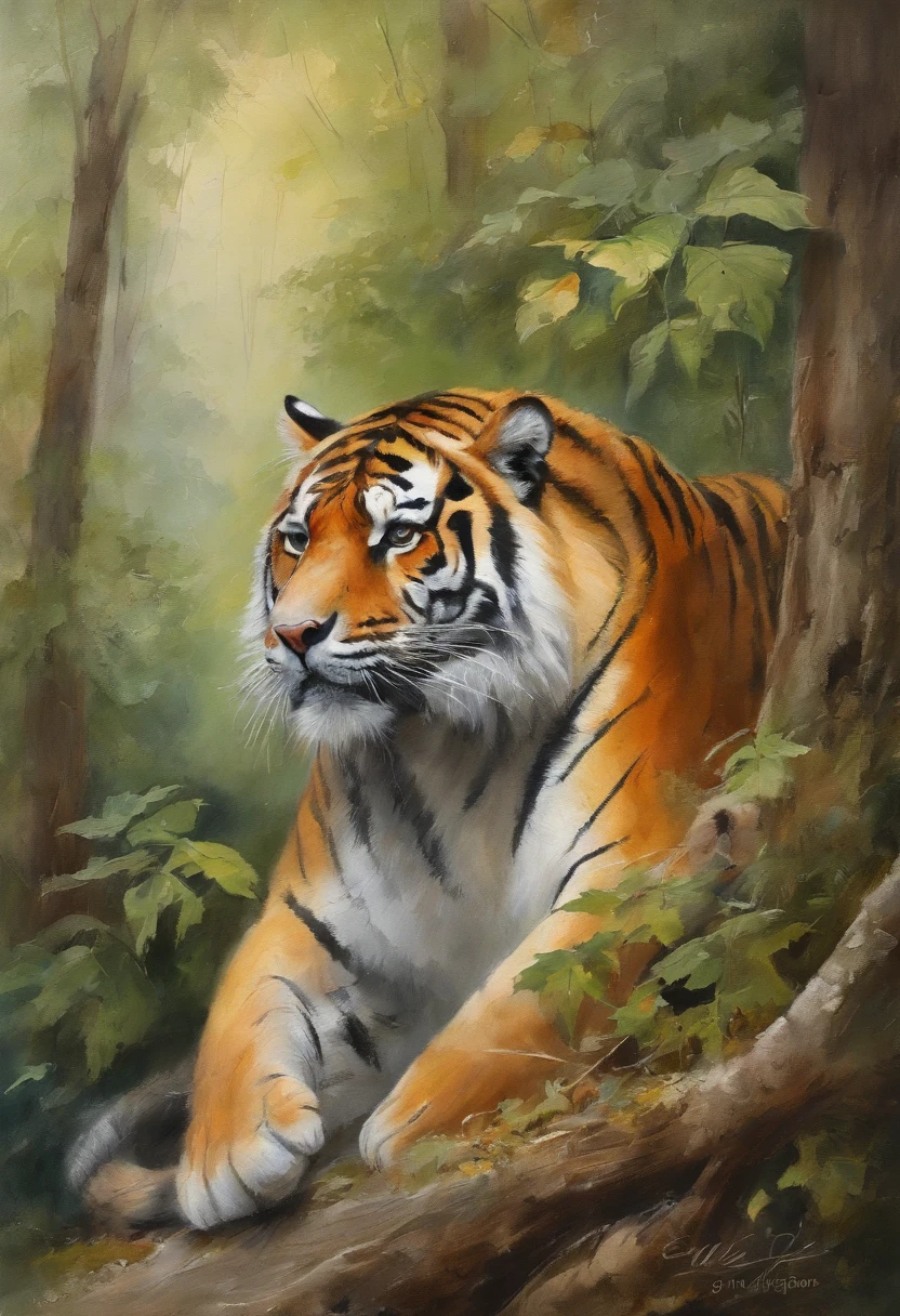 Drawing, a tiger, nature, pastels, by Harry Bush, James Montgomery Flagg, Louis van Baarle, Jim French and Ross, detailed realistic eyes, very beautiful,Tiger under the woods, sun spots, day, leaves, lawn, vista, abstract art, suave, flores, campo, splash