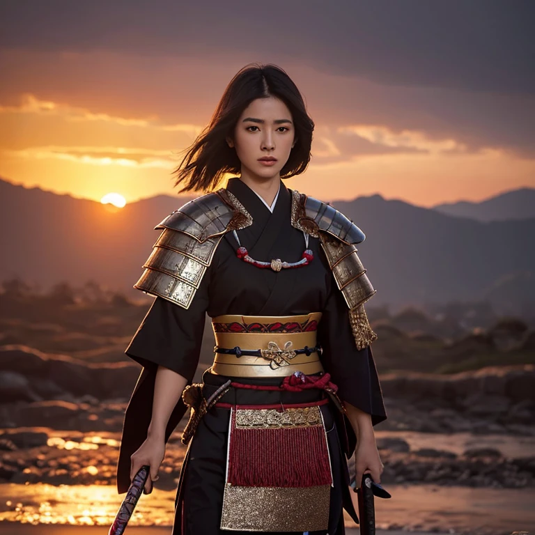 Samurai, bushido, empunhando a espada, por do sol ao fundo, glitter gemstone hyper realistic background Ultra cinematic lighting quality immense detail Full hd painting Well lit,franja diagonal, , vestido de gola alta,ao lado, master part, best quality,