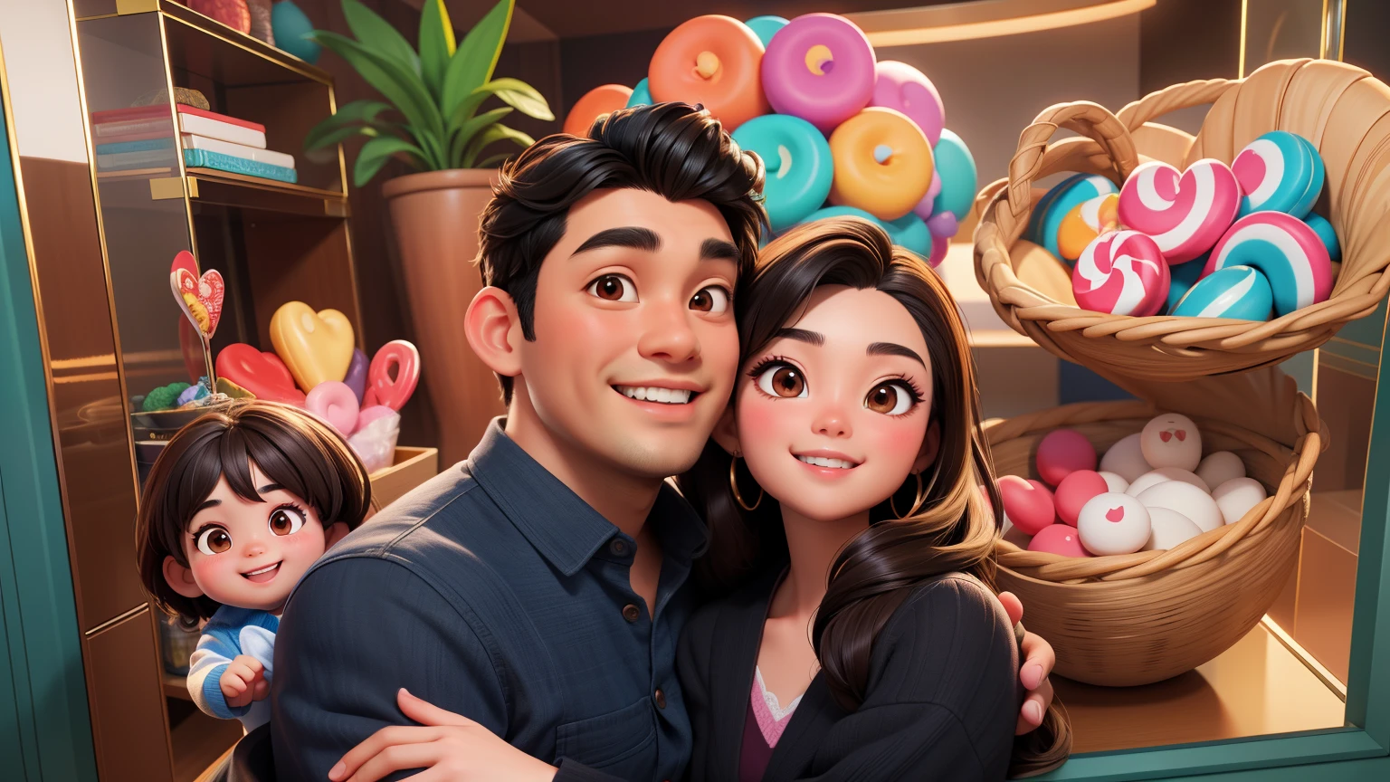 masterpiece, best quality, 3d rendering work, 3DMM style, close-up, portrait, 3D, two young Asian couple, beautiful skin, brown eyes, black hair, sweet smile, 80 kg overweight, gradient background. Colors Candy color, cute