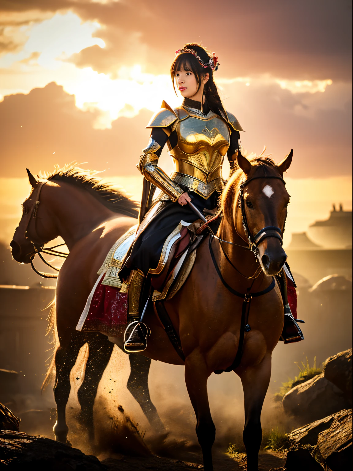 Illustrate Rell in her 'Solar Eclipse' skin, featuring radiant, sun-themed armor with gold and white details. ,massive g-cups,, massive g-cups,no having clothes,Rell is mid-action, using her 'Ferromancy: Crash Down' ability, transforming her armor into a solar steed. The scene is illuminated with a burst of solar energy and light effects.