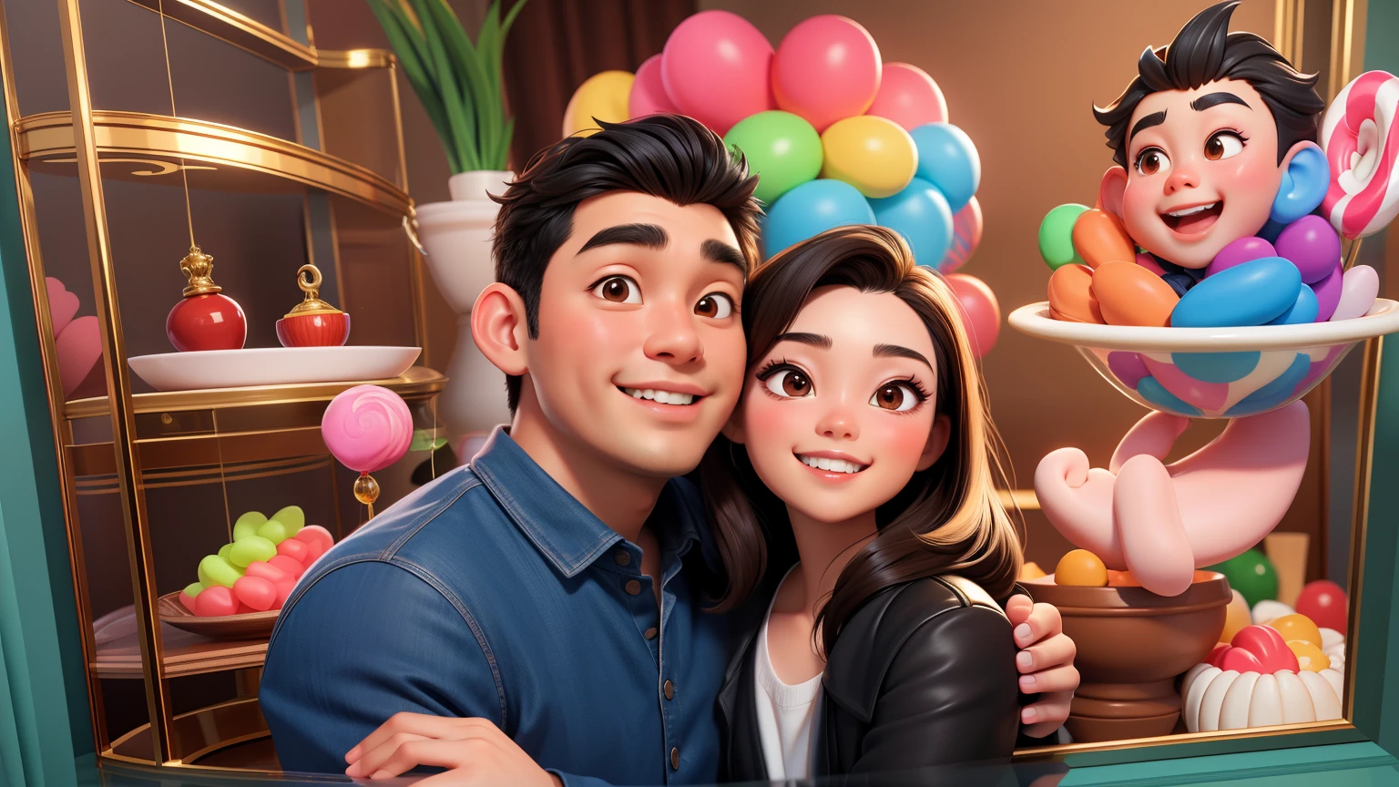 masterpiece, best quality, 3d rendering work, 3DMM style, close-up, portrait, 3D, two young Asian couple, beautiful skin, brown eyes, black hair, sweet smile, 80 kg overweight, gradient background. Colors Candy color, cute