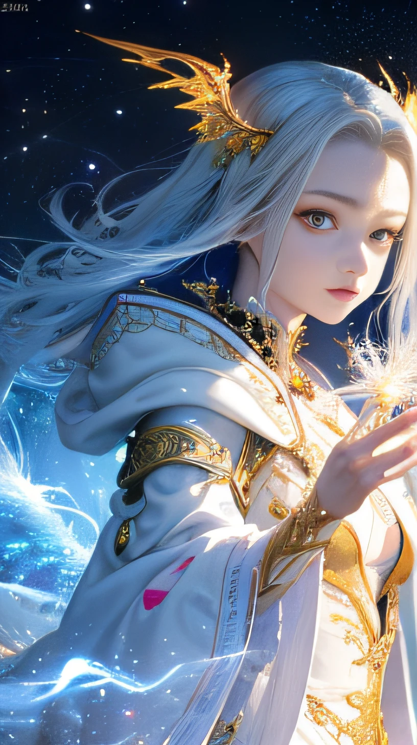 (masterpiece, top quality, best quality, official art, beautiful and aesthetic:1.2), (1girl), extreme detailed eyes, (fractal art:1.3), colorful, highest detailed, (perfect face), shiny skin, HDR, (white cloak golden lines:1.2), galaxy, (light streaks), striking visuals, (dynamic streaks, luminous trails:1.2), vibrant colors, (phoenix), (dragon)