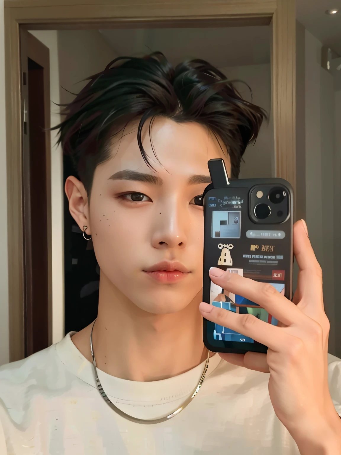 arafed man taking a selfie in a mirror with a cell phone,  inspired by Jungkook, wan adorable korean face, male ulzzang,  8k selfie photograph, south korean male, with neck tattoos, headshot profile picture, black t-shirt, serious face