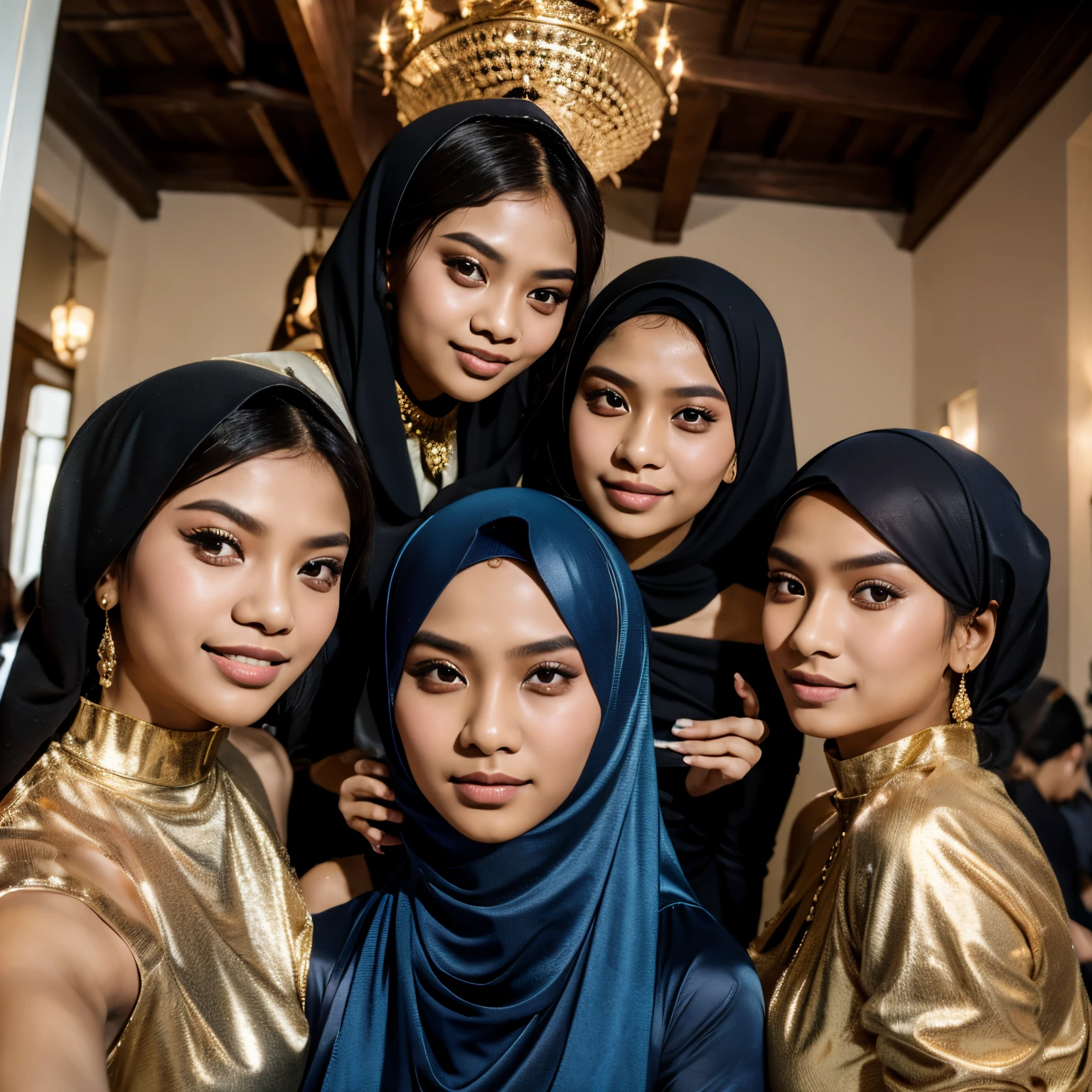 a group of beautiful and young cute malay veiled women gathered and sefie