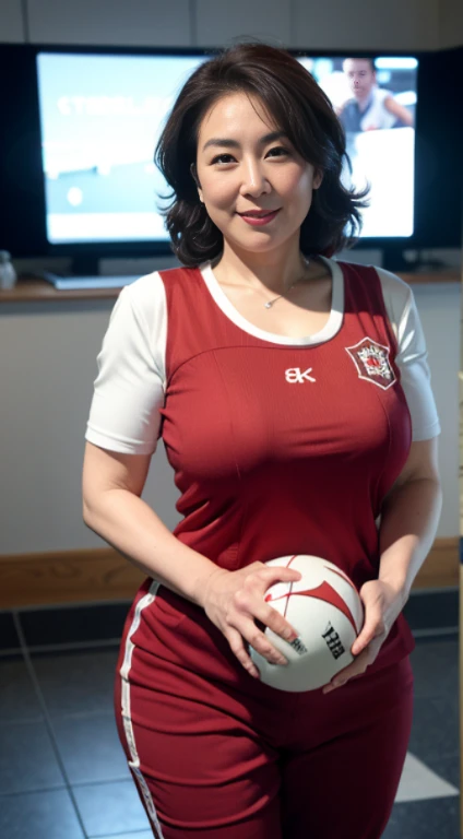 ((Best quality, 8K, tmasterpiece, sporty attire: 1.3)), (View the audience), photo-realism, Focus sharp, Alone, The Moro Islamic Liberation Front of Japan, Big breasts are beautiful,curlies, Wrinkles at the corners of the eyes, to emphasize, ((Large breasts:1.3))),,aged 40, curlies, Eyes have wrinkles, (Wearing American football protective gear:1.5)((looking at viewert))