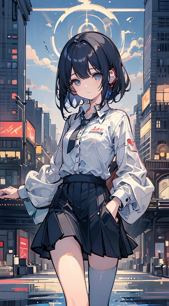 (Top quality illustrations:1.5)、(ultra-detailliert) 、(The background is the cityscape)、(Cute little girl s:1.0)、(女の子1人:1.0)、(Short black hair:1.0)、(School Uniforms:1.0)、(Thigh to upper body:1.0)、17 age、Wearing headphones、D-cups、