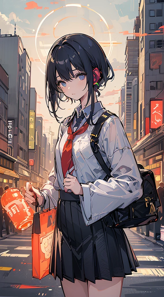 (Top quality illustrations:1.5)、(ultra-detailliert) 、(The background is the cityscape)、(e litrl s:1.0)、(女の子1人:1.0)、(Short black hair:1.0)、(School Uniforms:1.0)、(Thigh to upper body:1.0)、17 age、Weheadphones、D-cups、