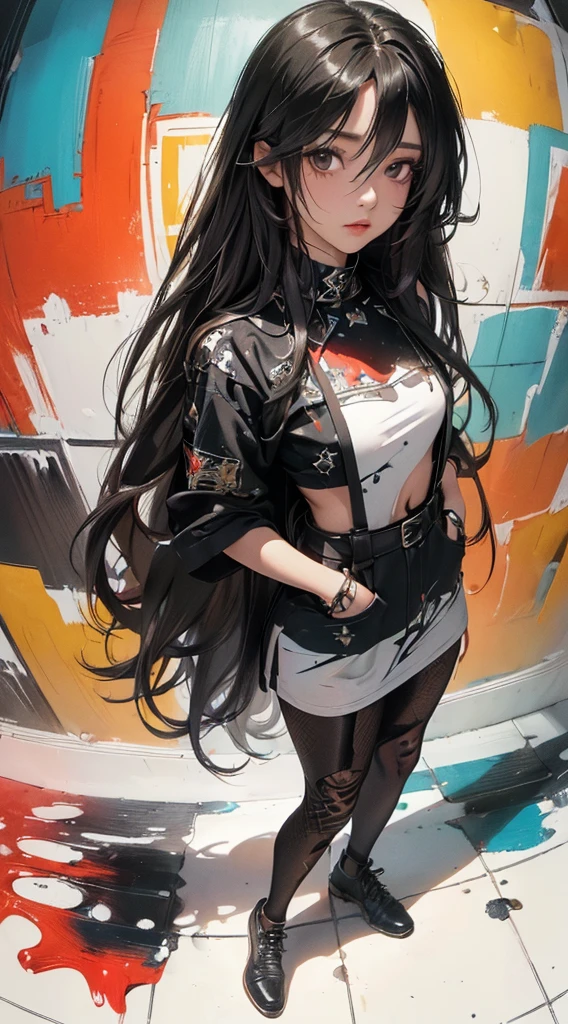 ((8k wallpaper of extremely detailed CG unit, masterpiece, hight resolution, top-quality, masutepiece)), ((a very beautiful woman, Hands in pockets:1.8, Grunge Fashion:1.3, Wearing tights)), ((extra detailed face, Highly detailed black eyes, Contrasting eyes, extra detailed body, Top quality real texture skins:1.2)), (A dark-haired, length hair, de pele branca, Small:1.2), ((colorful paint wall)), (high-angle:1.1, Fisheye:1.3), hyper realisitic, digitial painting,
