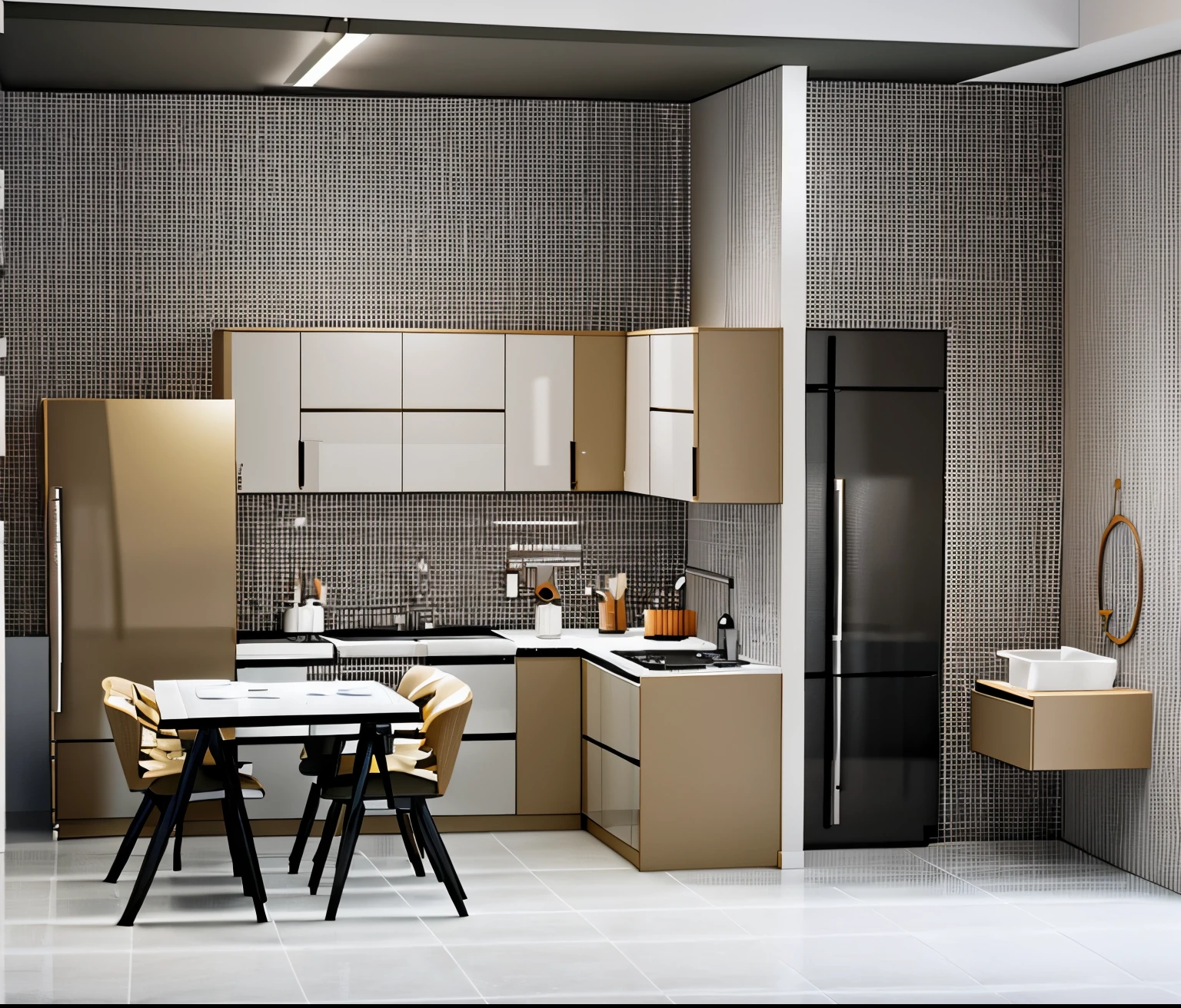 a drawing of a kitchen with a table and chairs in it, small kitchen, kitchen, 2 d render, kitchenette and conferenceroom, flat 2 d design, d render, concept house, apartment design, single flat colour, residential design, concept, flat 2 d, concept drawing, 3d design, 3 d design, 3 d perspective, 3 d rendering