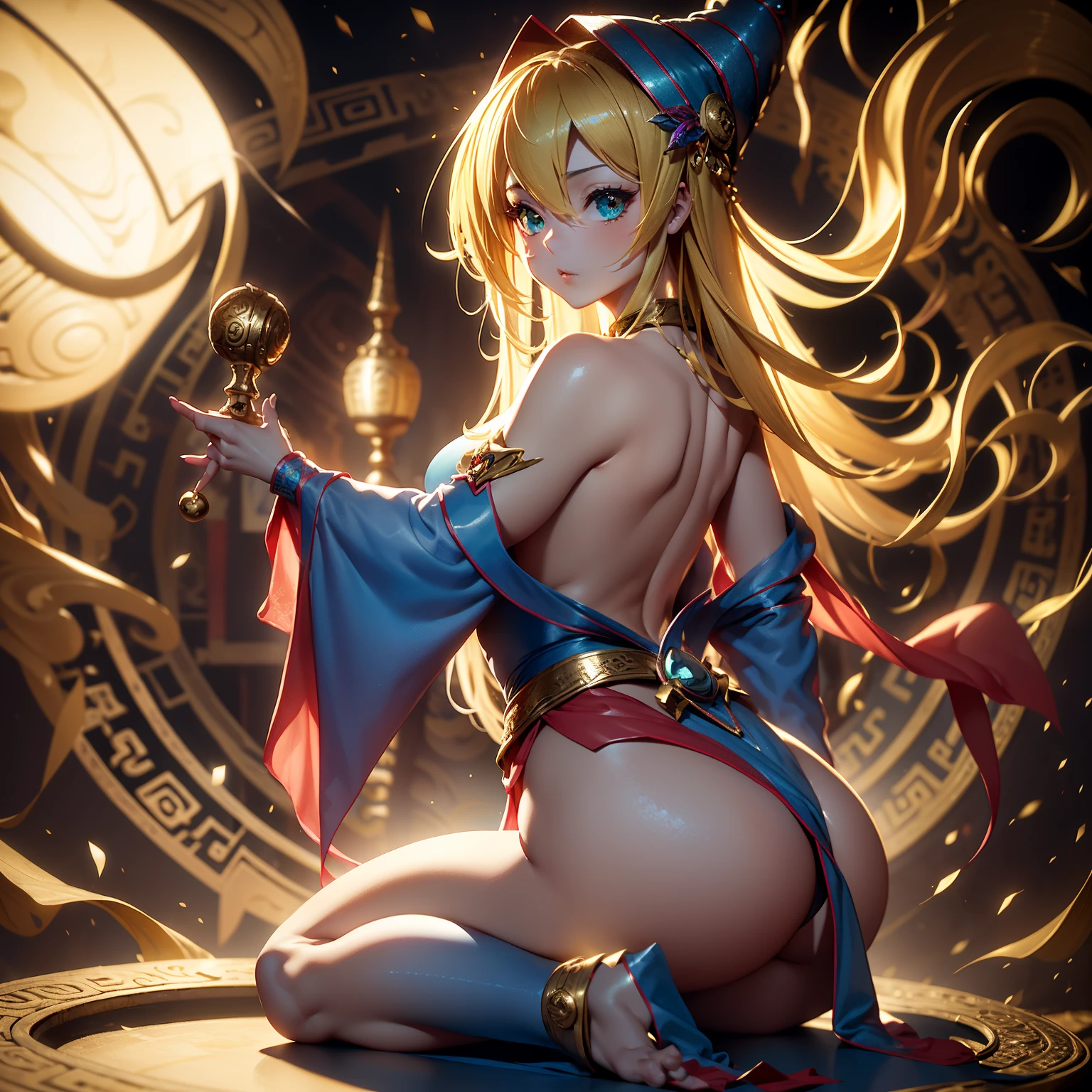(obra maestra、highest qualityr、Detalles intrincados、El ultra-detallado、Ultra calidad、high resolusion、Las mejores sombras、The best lighting、4k) Once palabras clave: El cabello es dorado Beautiful blonde Longevity and immortality Beautiful figure Outstanding skills Harmony with nature Noble culture Ancient races Fantasy works Role-playing games Beauty and elegance Dark wizard girl Magical talent Hembras una chica de belleza mistic Criaturas ficticias Vestidos transparentes antiguos The buttocks are seen through a cuatro patas emphasis on the buttocks Sit with a beautiful back Looking back. Dark magician girl en un paisaje chino
