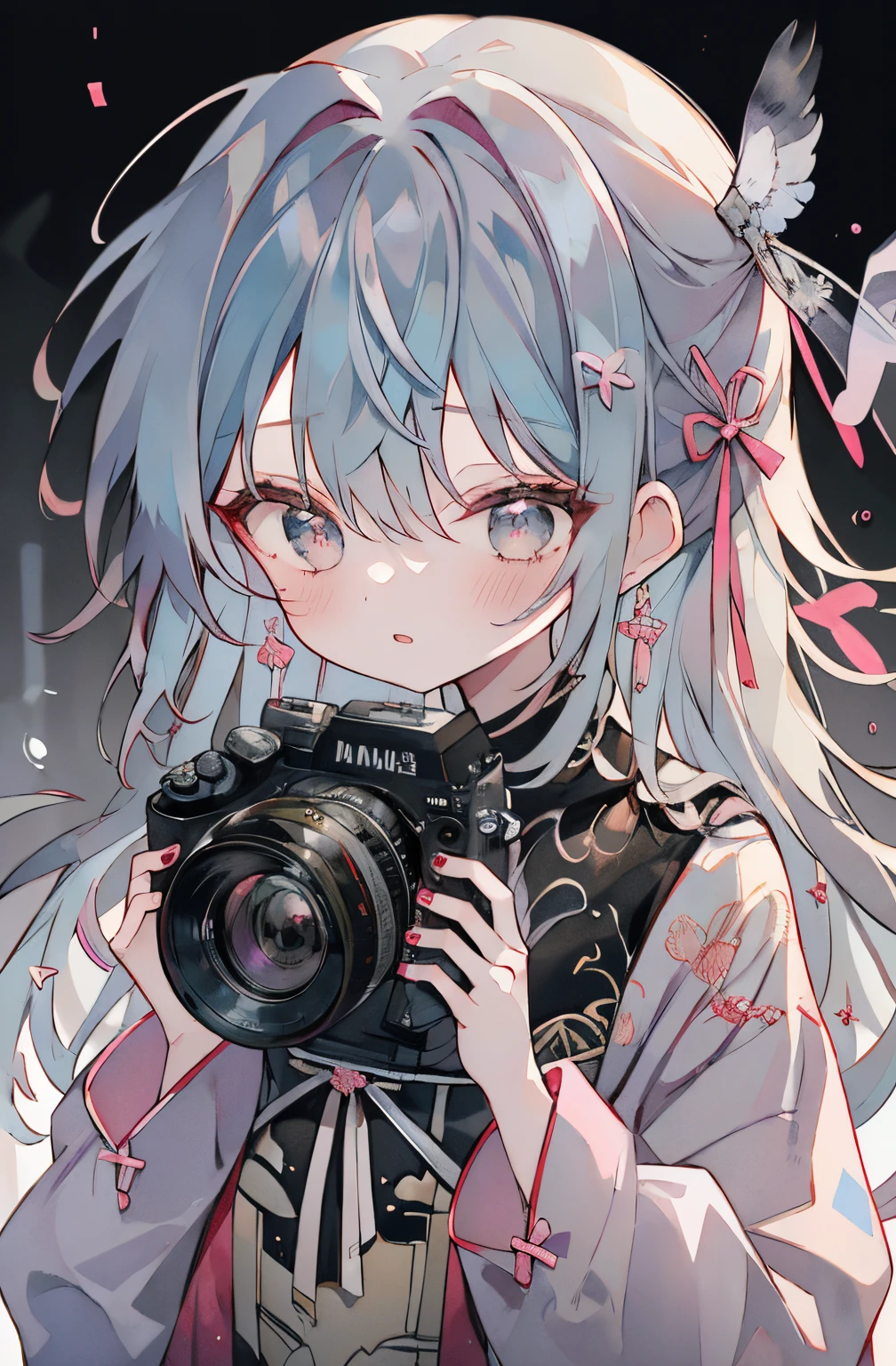 absurderes, hight resolution, (Anime style:1.1), ((masutepiece)), ((Best Quality)), (Ultra-detailed), (Beautiful),Beautiful face、(liftup),Long、azhiichigo style,Big eyes, dense lines, mixing pattern,Cute,1. goth, Pattern Expansion、Light purple hair、Cute Ribbon、purple one piece clothes、a purple eye、Background Simple、background grey、(((((1girl in、purple mine suit、Cute dress、dress with a big pink ribbon、dress with pink ribbon)))))(The upper part of the body、(((((One girl )))))、((((Lori、youngest son))))、Gosic、{{{{{gotik、The upper part of the body}}}}}{{{{{{{{{{The upper part of the body}}}}}}}}}}{{{magia}}}, ({{{{{Background Simple、fluffy hair}}}}})medium format film camera, Naturally blurred background,、hands are behind the body