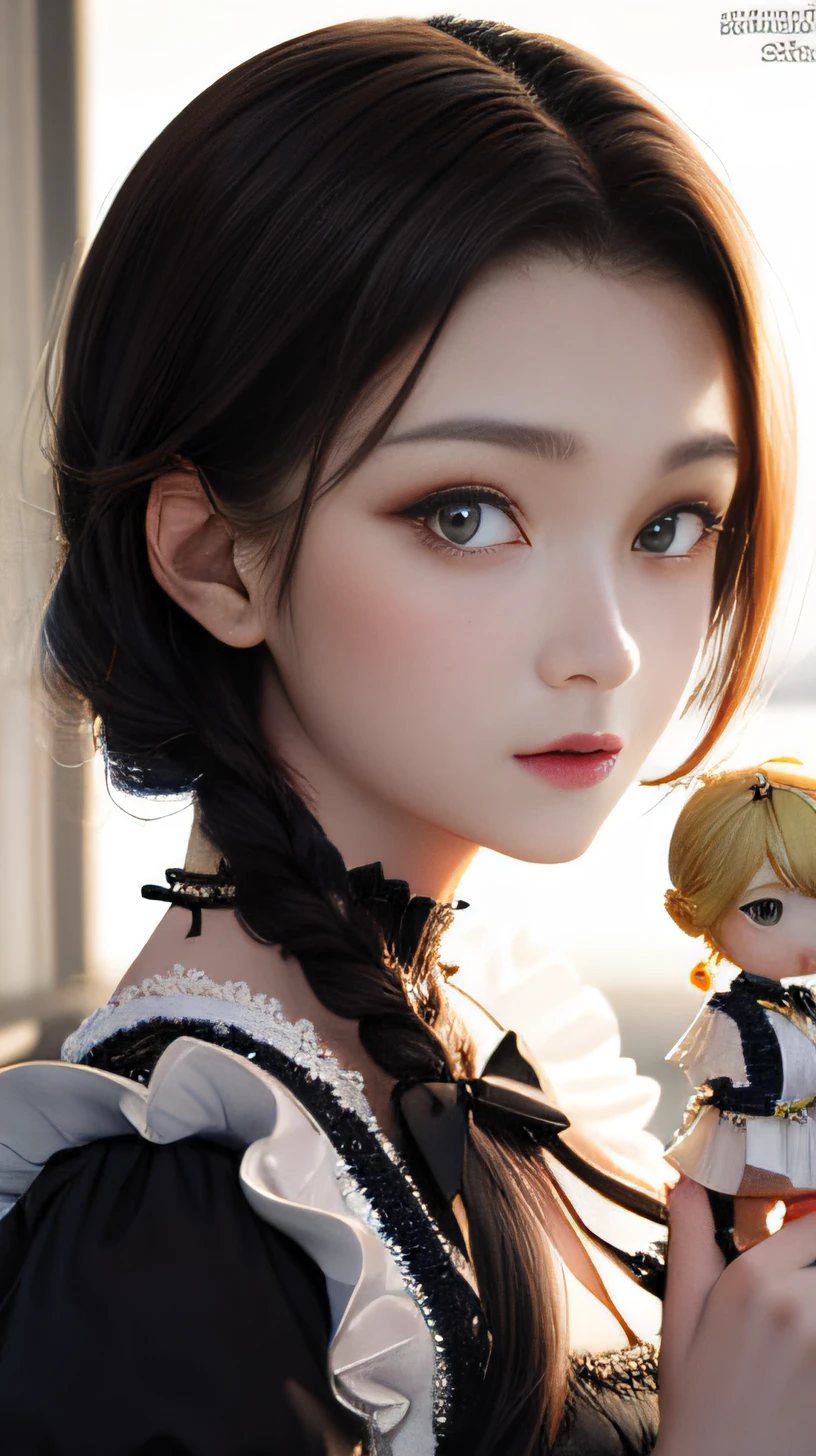 Best quality at best, Super nothing, Photorealsitic, a picture of a beautiful woman, Age of 30 years of adolescence, 详细的脸, Black messy fishtail braid, (Detailed porcelain doll,Delicate clothes with lots of ruffles and ribbons), sea beach, (closeup of face), Seductive look, looking at viewert