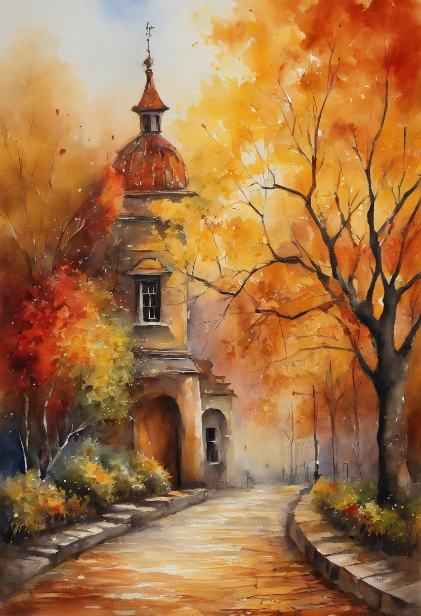 Old residential complex,Red brick building,Big banyan tree,Clean pavement,Fallen leaves,autumnal,in the early morning,Light yellow tones,super-fine,Carefully portrayed,high qulity,8k,Miyazaki animation style