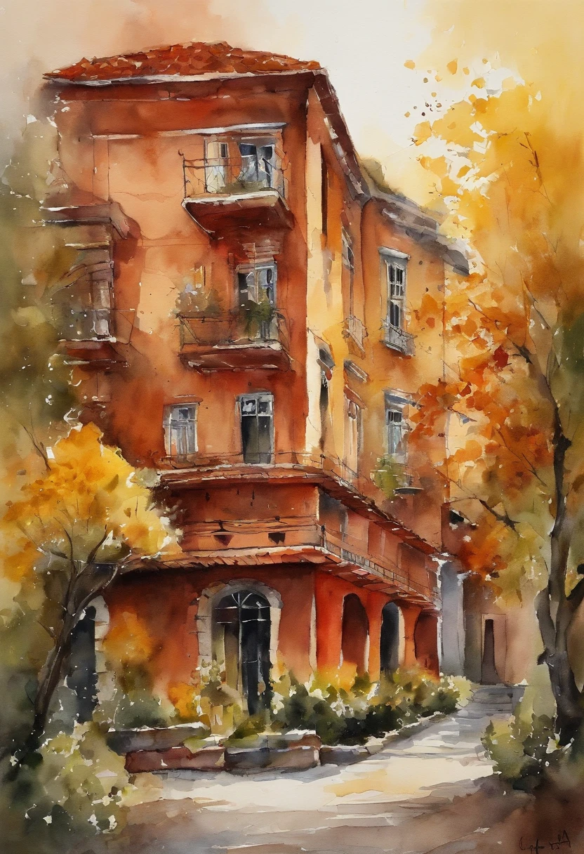 Old residential complex,Red brick building,Big banyan tree,Clean pavement,Fallen leaves,autumnal,in the early morning,Light yellow tones,super-fine,Carefully portrayed,high qulity,8k,Miyazaki animation style