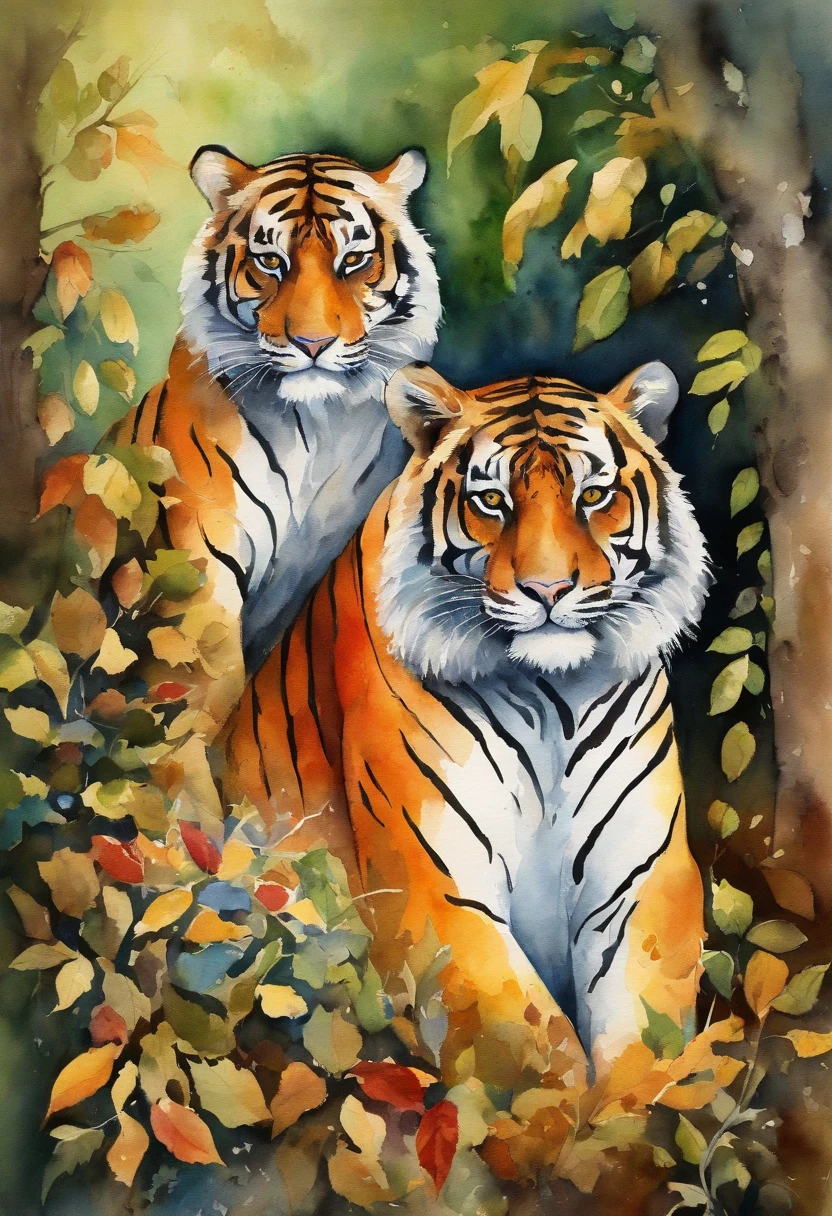Two tigers under the woods, day, leaves, lawn, vista, abstract art, suave, Flores, Campo, splash