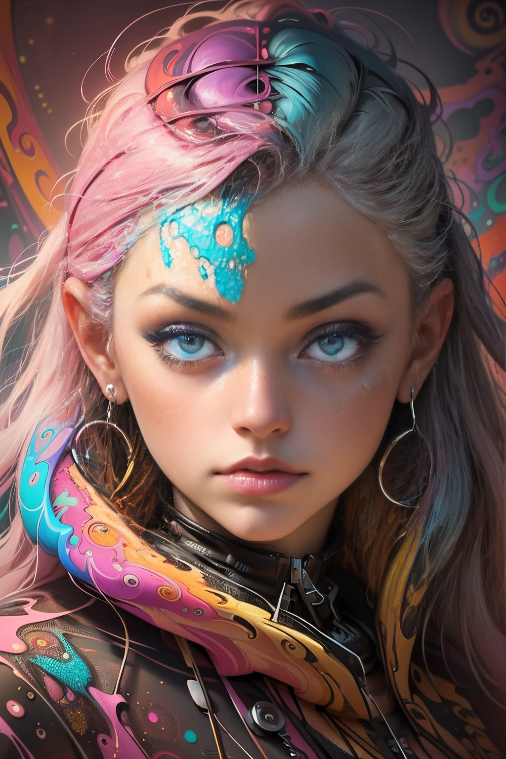 A painting of a woman with random features in a psychedelic and colorful cartoon style while dripping, Sexy, acid style, colorful psychedelic background, (Fractal Art: 1.5), Reflectors,