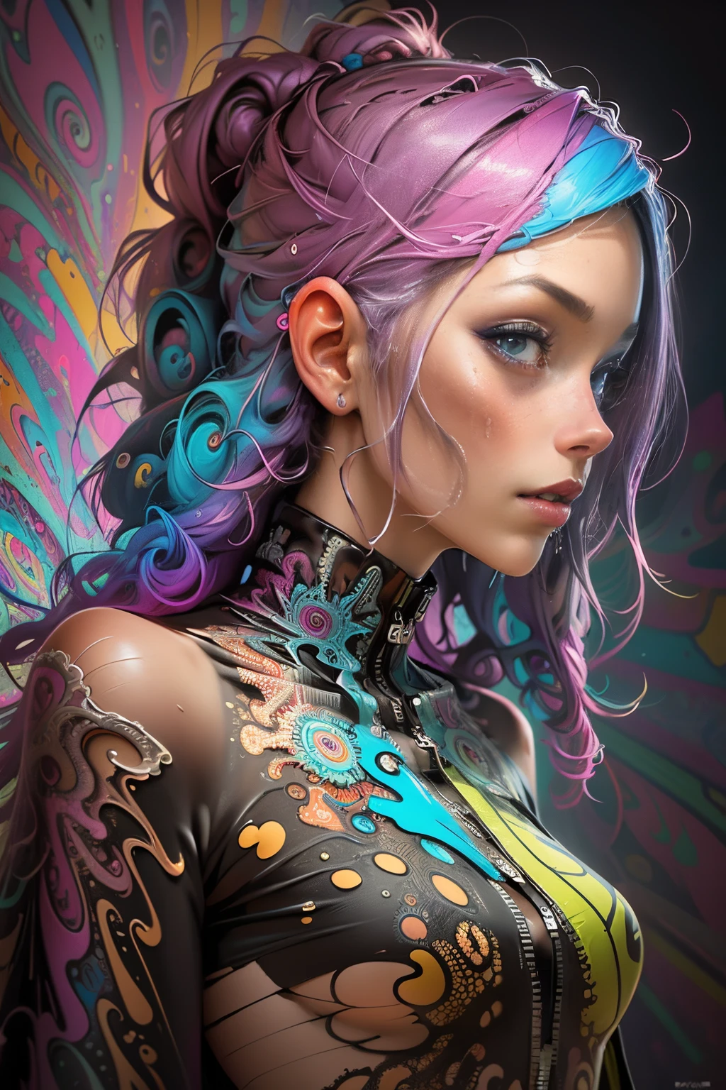 A painting of a woman with random features in a psychedelic and colorful cartoon style while dripping, Sexy, acid style, colorful psychedelic background, (Fractal Art: 1.5), Reflectors,