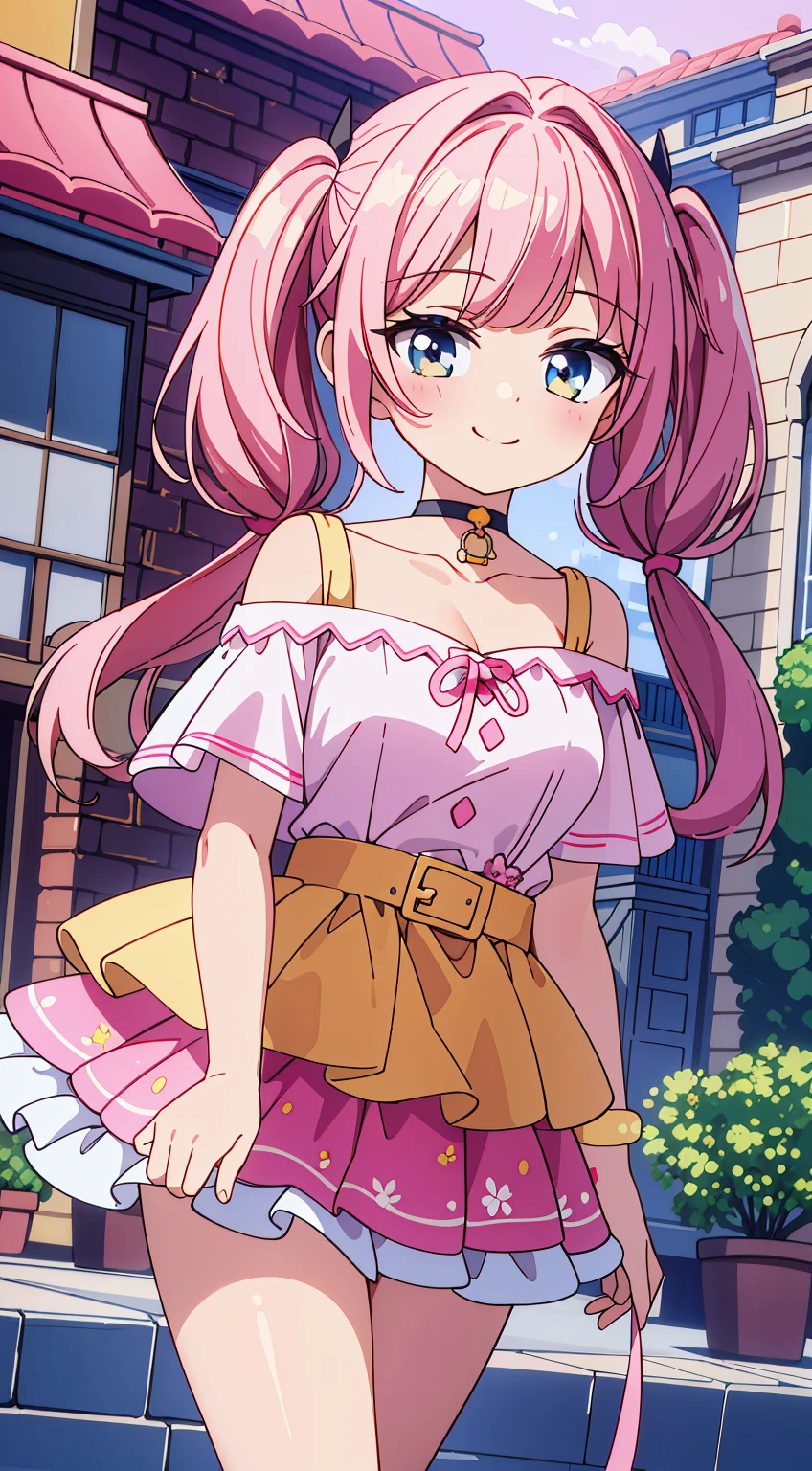 (Absurd realistic structure details),(High resolution complex and detailed text quality),(High-resolution microstructure、High Poly 3D Rendering Correction),Methods of geometry,Careful explanatory anatomy,
BREAK,
1 beautiful girl, Solo,(Cute:1.5),(Chibi:0.8), (kawaii:1.5),(Lori:0.5), BREAK, (girl, Cute, Cheerful, Loli face, medium breasts:1.2),(Pink hair,disheveled short twin tails,tareme,Gold eyes:1.2),gleaming skin,Clear skin, cleavage of the breast,Beautiful , gleaming skin,Clear skin, Beautiful skin,( A smile:1.5),(best quality face),(Top quality glowing eyes), (The best smile,Doya face:1.45), BREAK (Pink Theme:1.4), (Vivid colors:1.3), (off shoulder shirt, White shirt, Puffy Short Sleeves:1.3), Belt bag,(Skirt, with floral pattern:1.2),tie,(lace-up boots:1.1),
BREAK,(early evening),Walking,a closed mouth,(architecture, building, Choker, city, Cityscape, Outdoors, potted plant,Street, Town:1.55), Waterfall,depth of fields,
BREAK,wakame,wakame,wakame,(Dynamic Angle:1.4),
BREAK,(Blurry background:1.3),(absurderes, hight resolution, Super Detail Art),cel shading,Clear Color, Lonely optical effect, Beautiful pictures, Bright glow, mystic atmosphere,(Close-up of girl:1.1), Mystical light particle effect,manga influence, clean line drawings,
