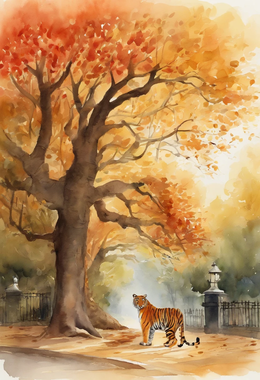 A tiger, red brick building, big banyan tree, clean road, fallen leaves, autumn, early morning, light yellow tone, ultra-detailed, carefully depicted, high quality, 8k, Miyazaki animation style