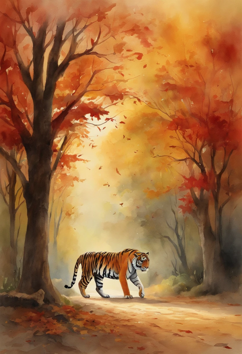 A tiger, red brick building, big banyan tree, clean road, fallen leaves, autumn, early morning, light yellow tone, ultra-detailed, carefully depicted, high quality, 8k, Miyazaki animation style