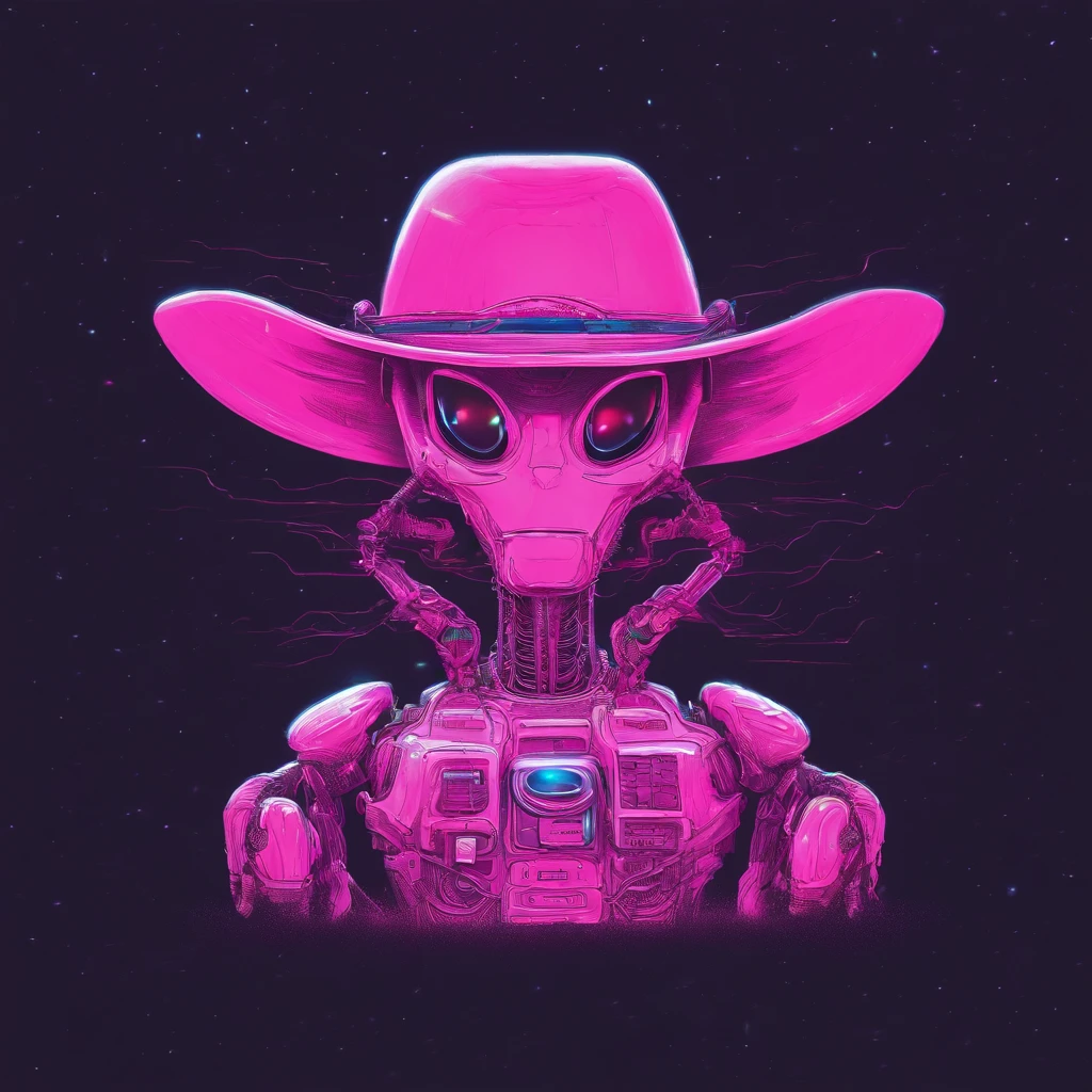 a pink robot with a cowboy hat holding a concave marshmallow in a concave dark iridicent background