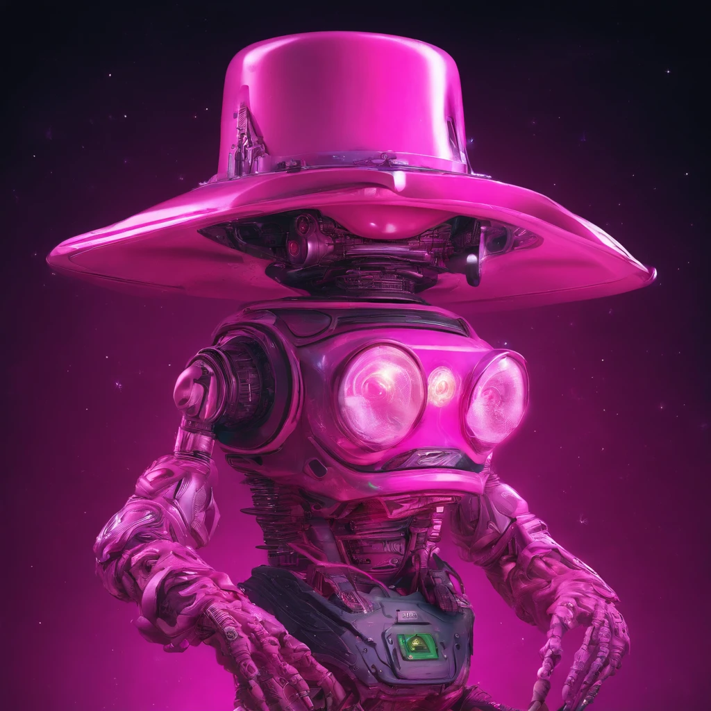 a pink robot with a cowboy hat  holding a concave marshmallow in a concave dark iridicent background