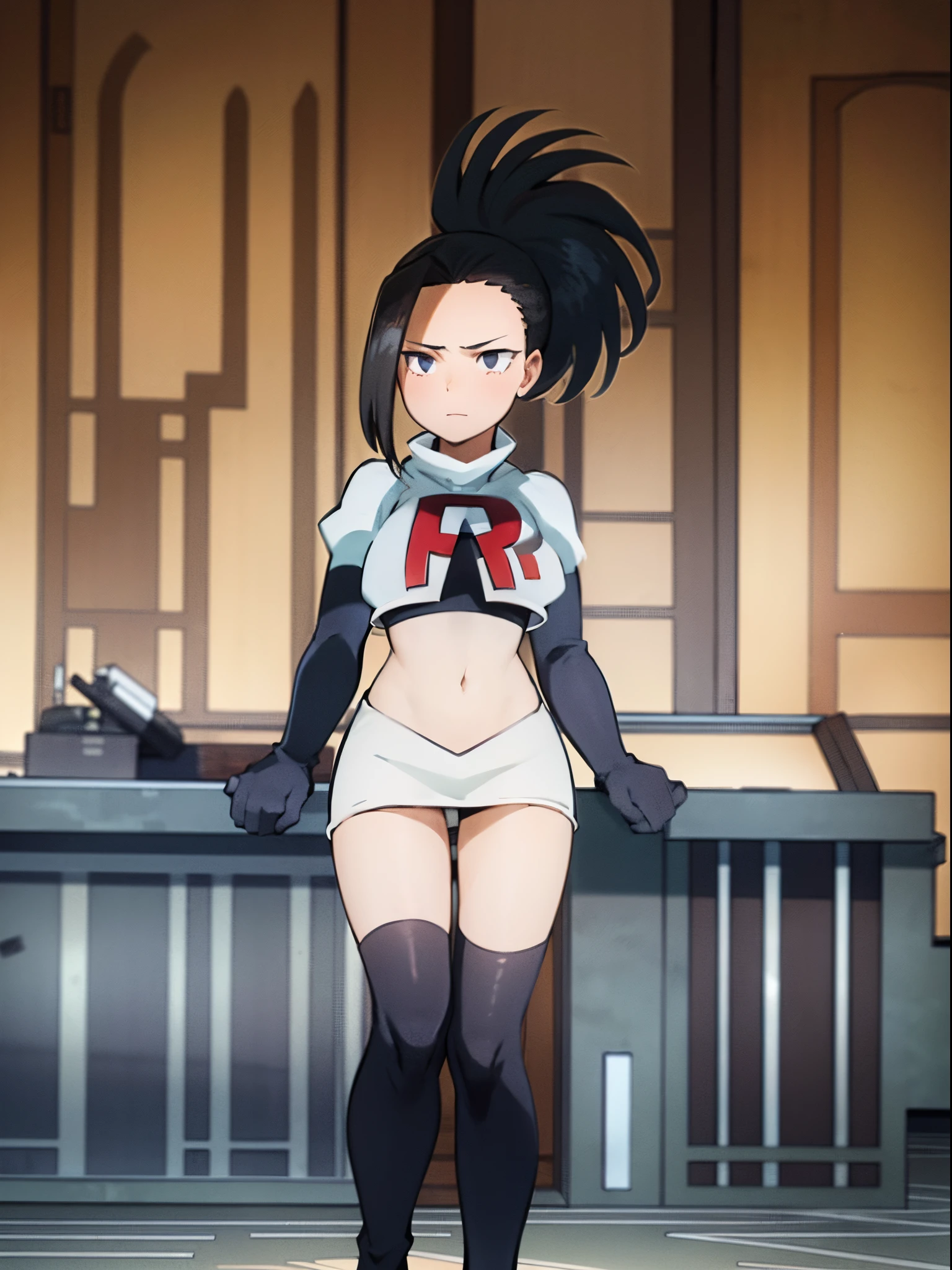 masterpiece, best quality, yaoyorozu momo, 1girl, black eyes, black hair, ponytail, long hair, hair pulled back,team rocket,team rocket uniform, red letter R, white skirt,white crop top,black thigh-highs,black elbow gloves